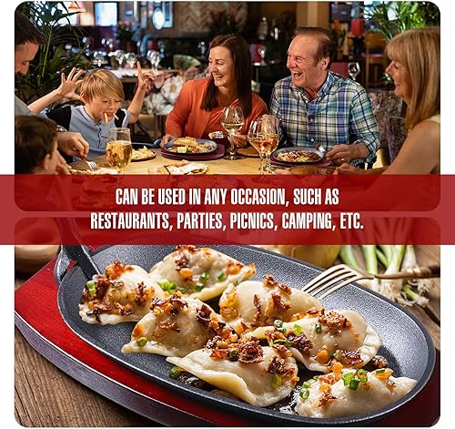 Miniatura 6 de Mifoci Juego de 12 sartenes ovaladas de hierro fundido para fajita, plato pequeño para carne chisporroteante con base de madera y mango de hierro