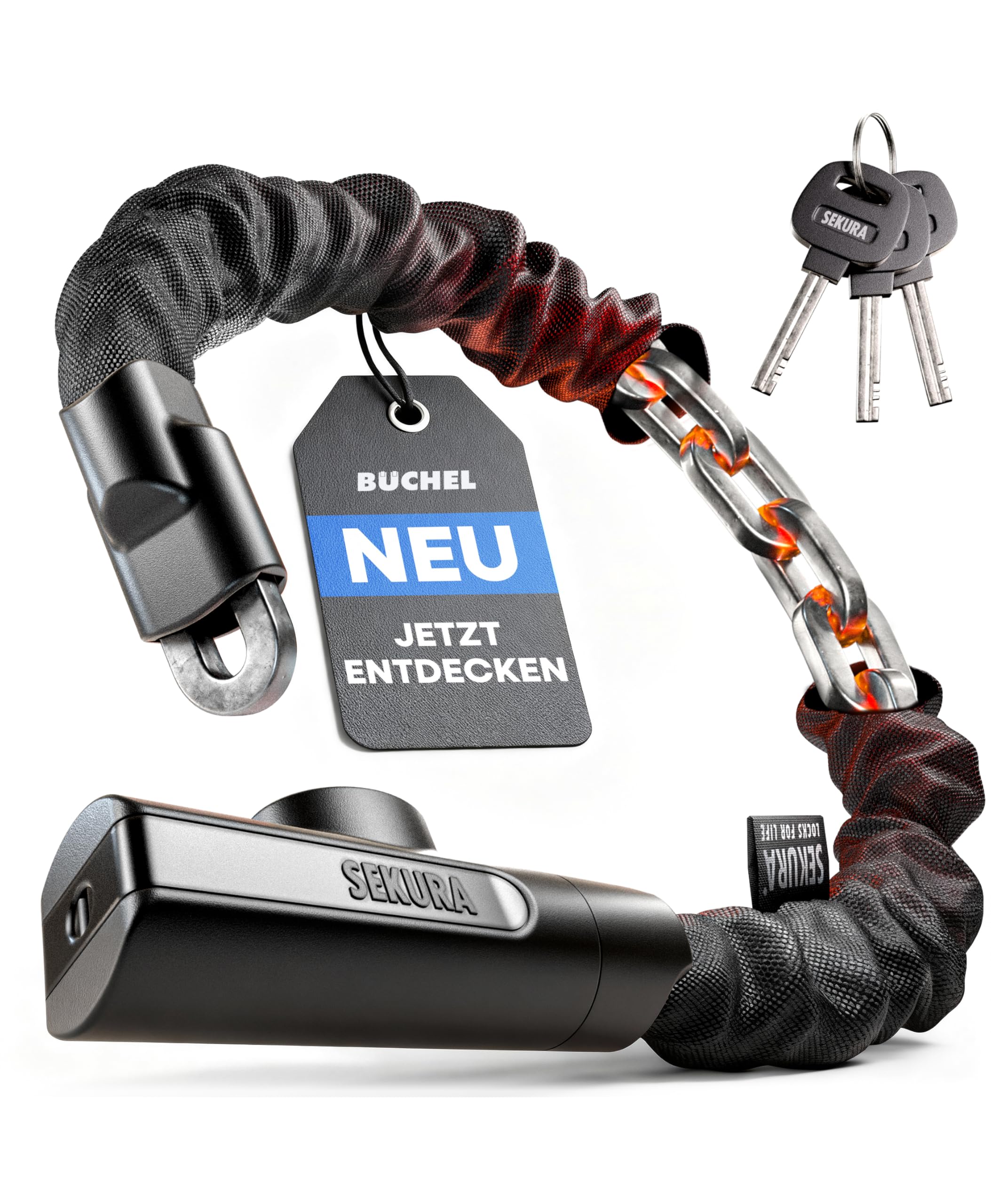 BÜCHEL Sekura Fahrradschloss Hohe Sicherheit - 90 cm Bike Lock mit Disc Detainer Lock aus 8 mm gehärtetem Stahl - Kettenschloss E-Bike, Fahrräder, Roller & Co für Stadt Schule Arbeit Freizeit