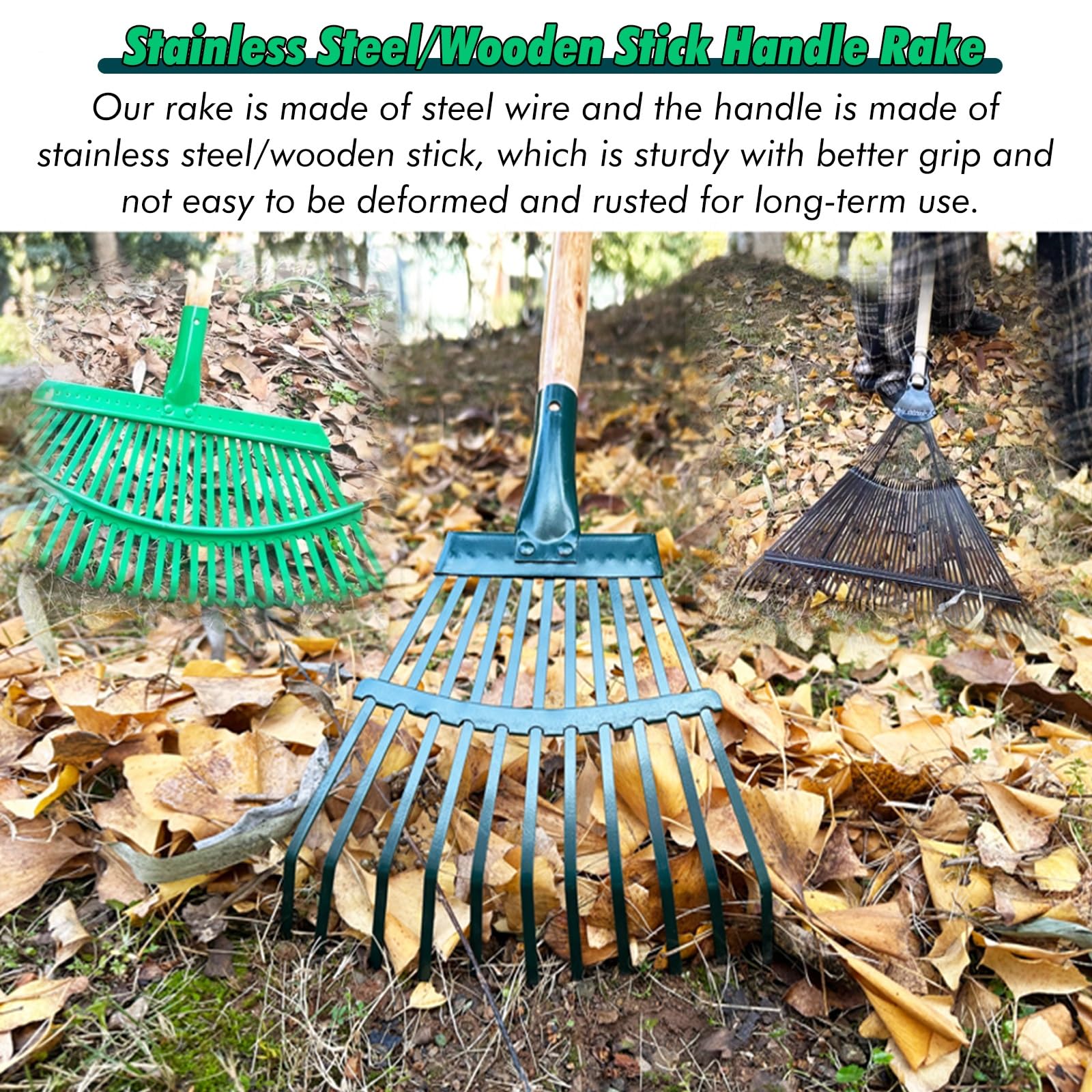 Laubrechen Mit Stiel Holz-Gartenrechen für lose Erde, Jäten, Rasen-Laubharke, Stahl-Strauchgreifer, robustes Handwerkzeug, dehnbarer großer Laubharken, robust, mit verstellbarem Griff(25Tines)