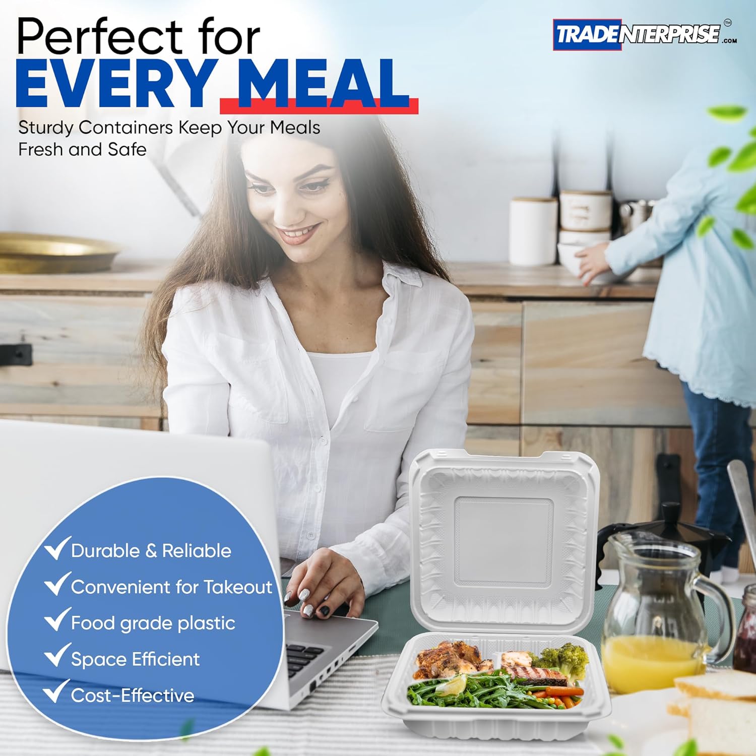 To Go Food Containers, Reusable 150 Pack 8 Inch 3 Compartment White Clamshell Take Out Food Boxes MFPP Meal Prep Container BPA Free Microwave Freezer Safe Plastic Hinged 34 OZ