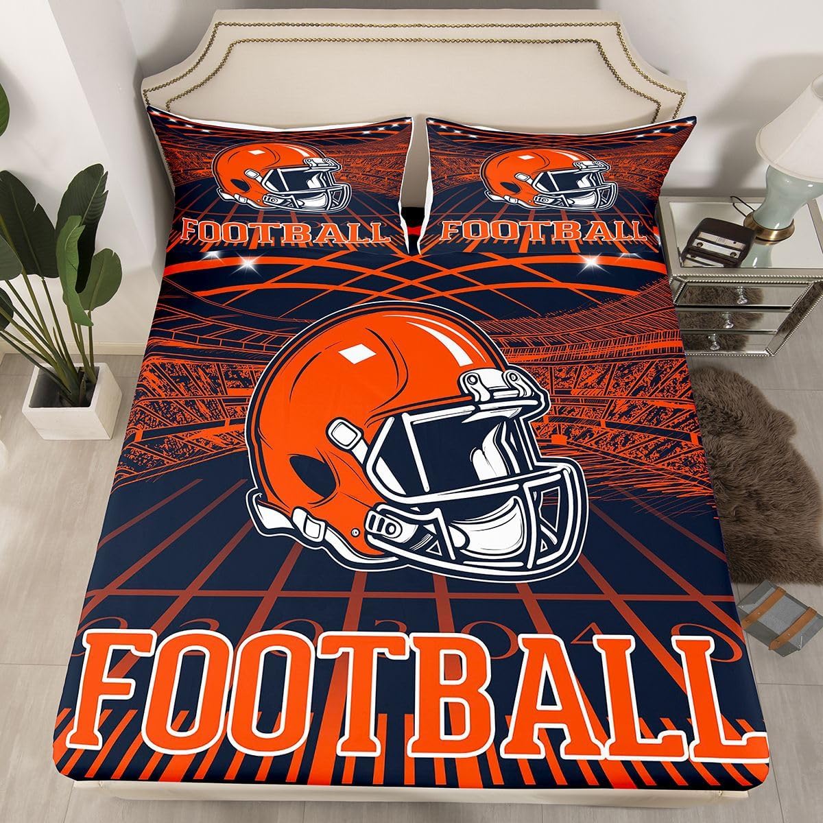 Erosebridal Sports Football City Bed Sheets Rugby Football Seasonal Bedding Set Full, Rugby Sports Fan Gifts Fitted Sheet Navy and Orange Soft Lightweight Microfiber Sheets Full Size