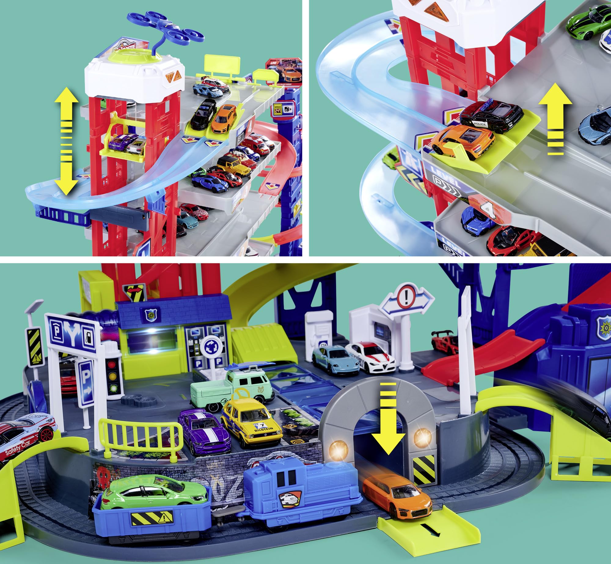 Majorette – Super Chase Center - Parking de 6 Pisos, con persecución, Garaje para niños a Partir de 5 años, Incluye Coches de Juguete, Tren, Ascensor, luz y Sonido, Negro
