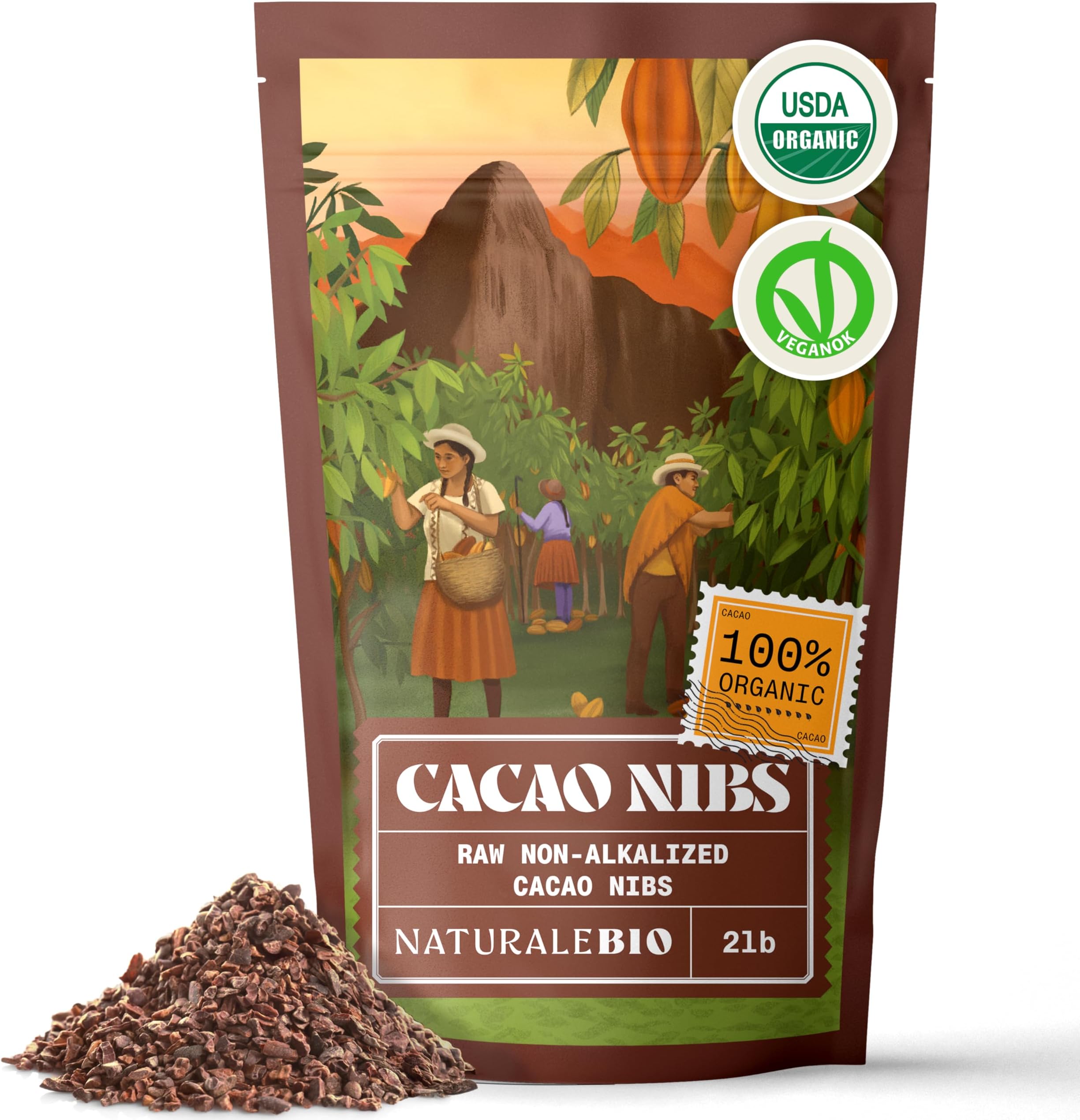 NaturaleBio Cacao Nibs Organic 2 lb. Unsweetened, Non-Alkalized and Pure. Sugar-Free Dark Chocolate Chips Substitute. Non-GMO, Gluten Free, Tested for Heavy Metals. From Raw Cacao Beans