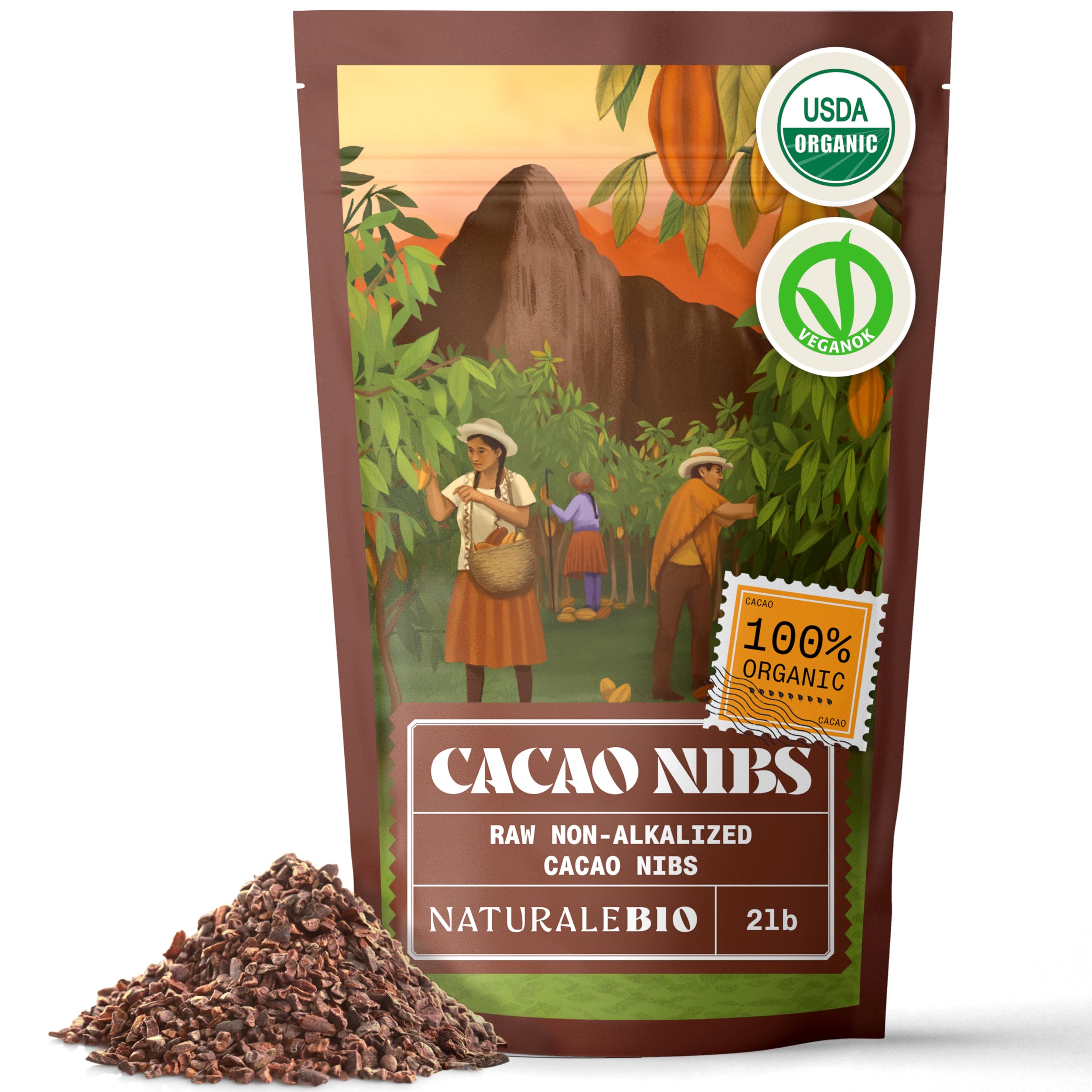 NaturaleBio Cacao Nibs Organic 2 lb. Unsweetened, Non-Alkalized and Pure. Sugar-Free Dark Chocolate Chips Substitute. Non-GMO, Gluten Free, Tested for Heavy Metals. From Raw Cacao Beans