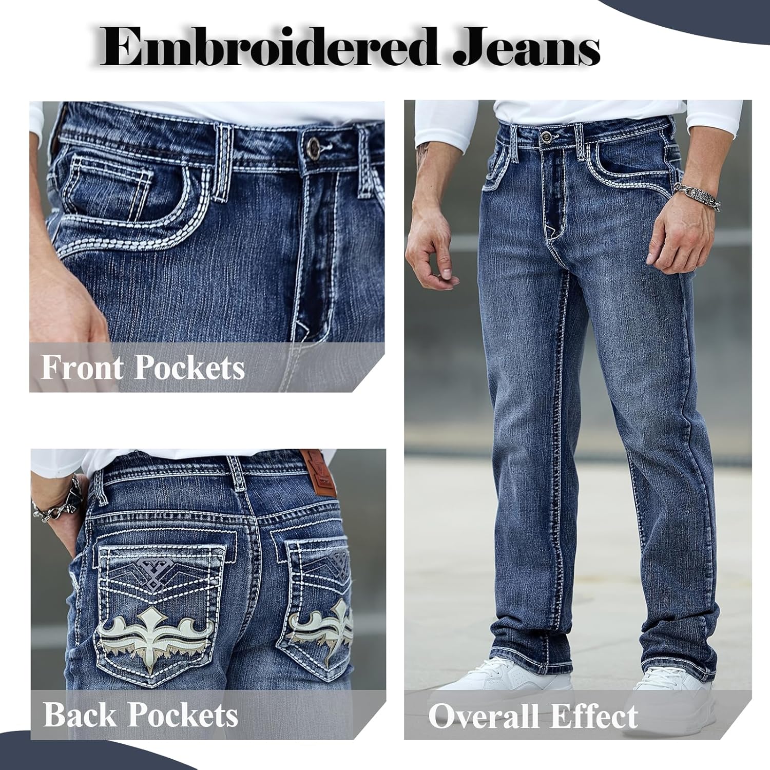 Men's Embroidered Relaxed Fit Jeans with Comfort Flex Waist Stretch Denim Casual Jeans Unique Design Classic Fit for Men - Image 3