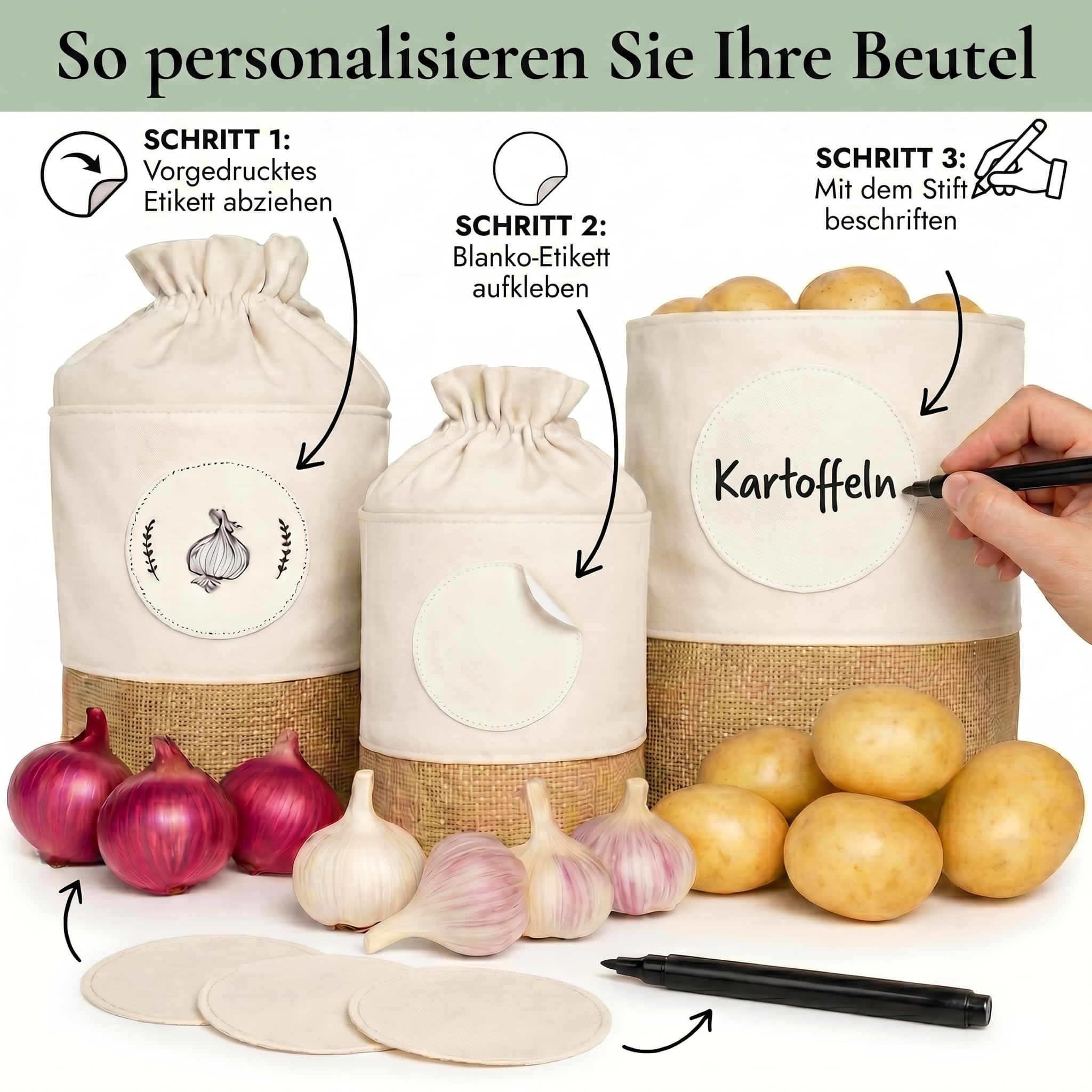 Valora® Kartoffel Aufbewahrungsbox 3er Set - Stoffbeutel für Kartoffeln, Zwiebel und Knoblauch Aufbewahrung - Längere Frische Zwiebeltopf, Kartoffelbox - Atmungsaktive und Nachhaltige Stoffbeutel