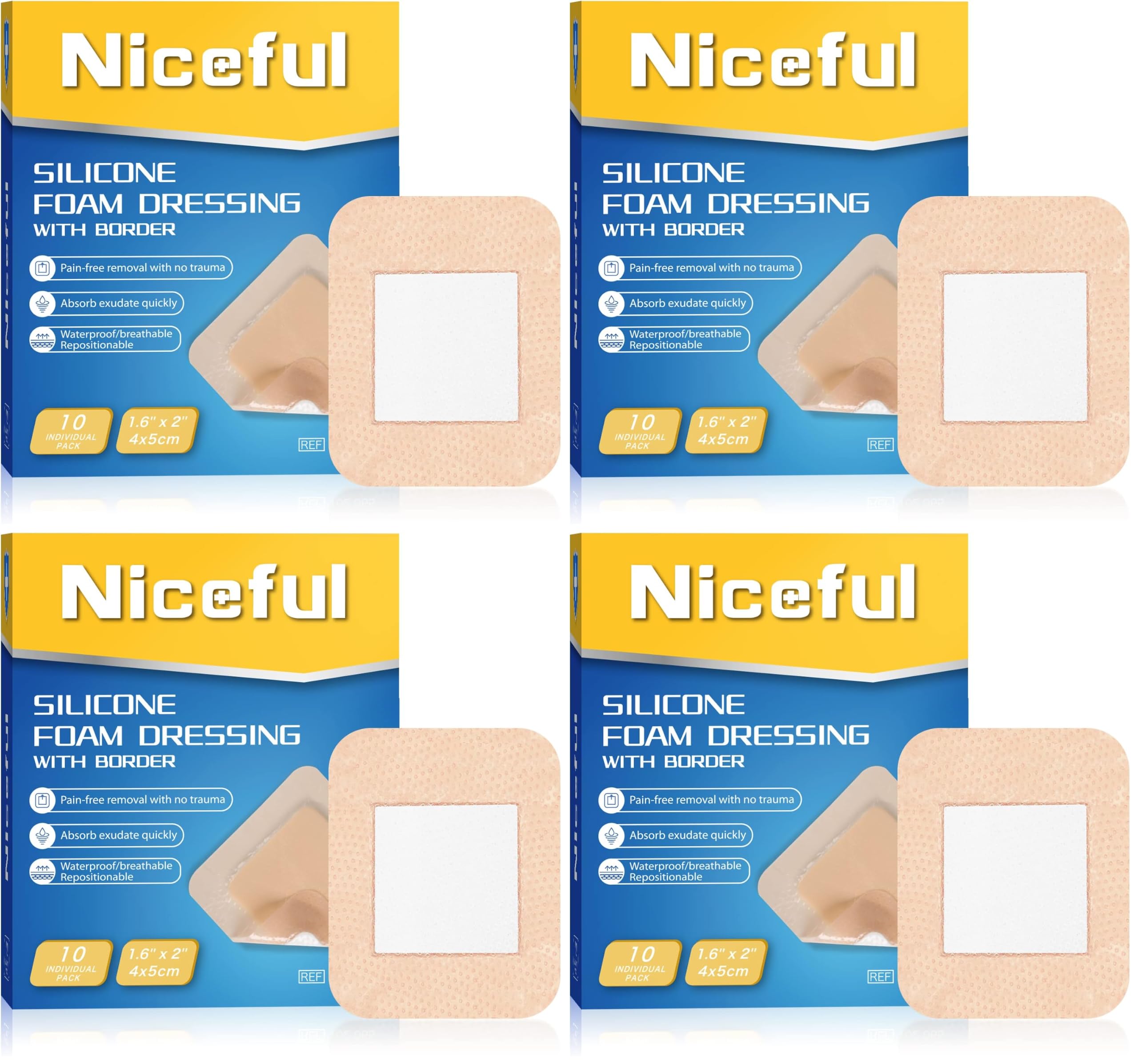 Niceful Silicone Foam Dressing 1.6"x2" 10 Count, Small Bandages for Wound (Pack of 4)