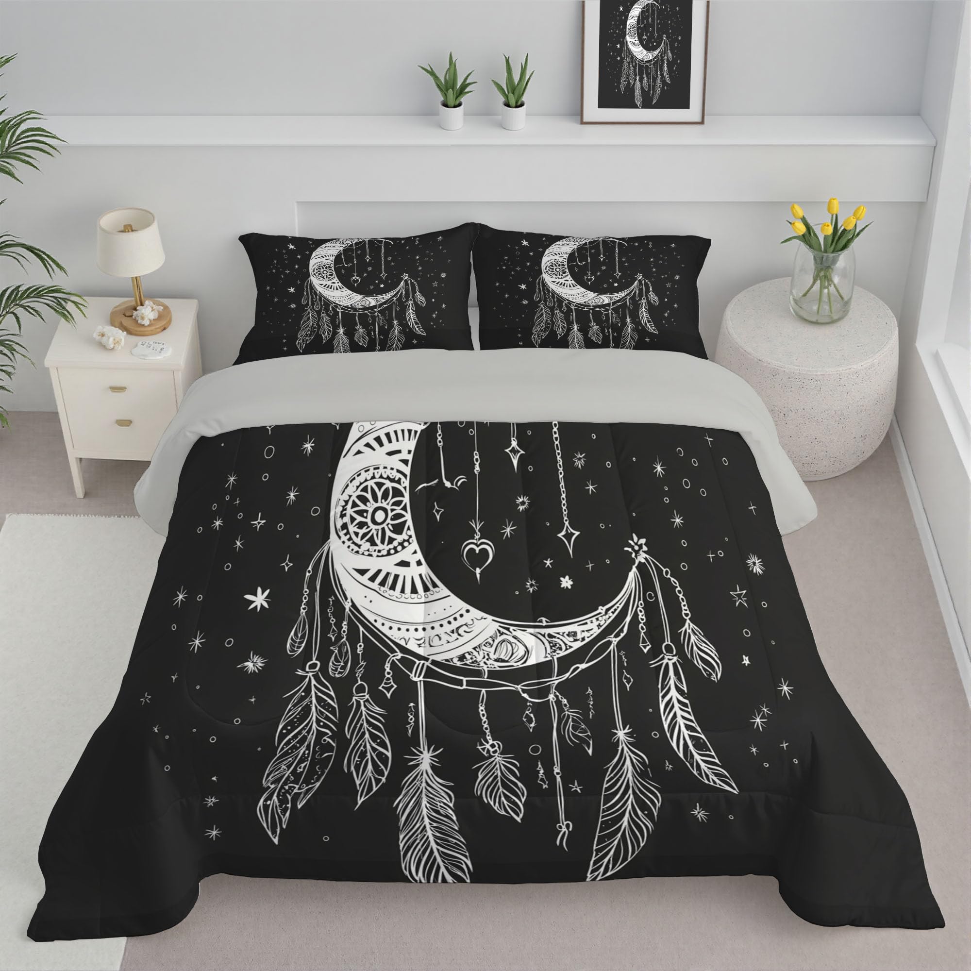 Couette 240x220cm lune bohème attrape-rêves minimaliste noir blanc réversible