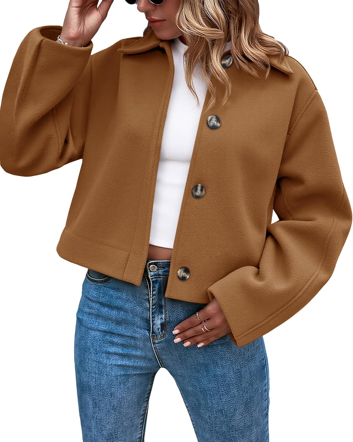 Cropped Brown Button-Down Jacket on a Model