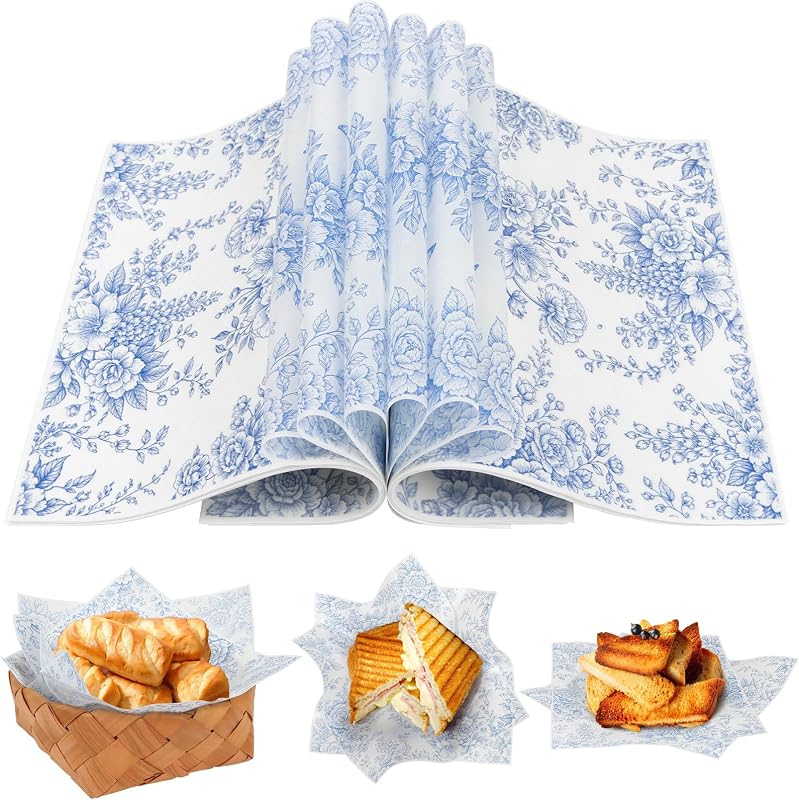 LOAVER 150 hojas de papel encerado floral azul para alimentos, flor chinoiserie a prueba de grasa, papel para envolver, papel para hornear, pergamino para galletas, picnic, sándwiches, suministros de cocina (8,66 x 9,84 pulgadas)