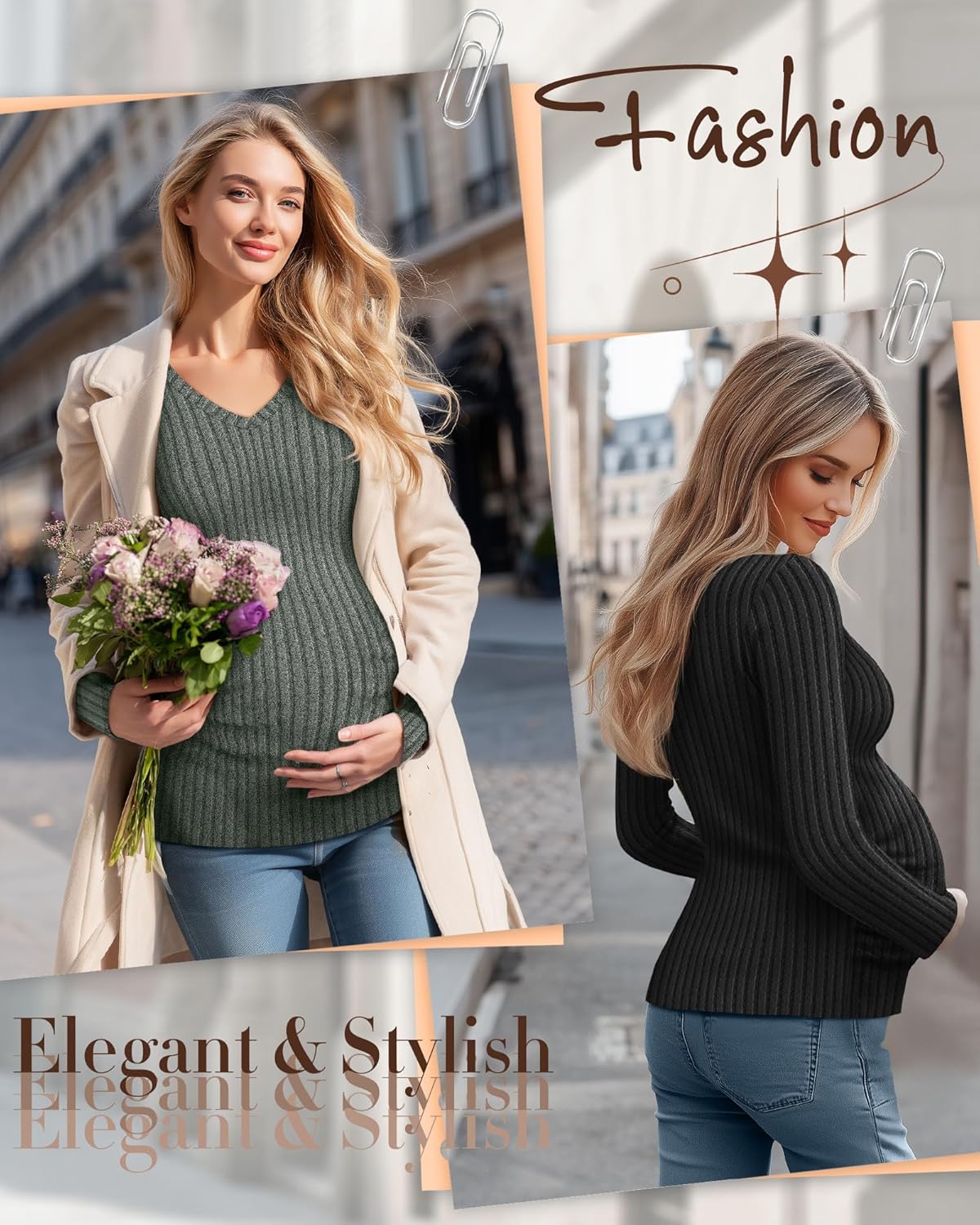 Ficerd 3 Pack Women's Maternity Shirts Ribbed Long Sleeve Pregnancy Tops V Neck Knit Side Ruched Pregnant Clothes Sweater - Image 4