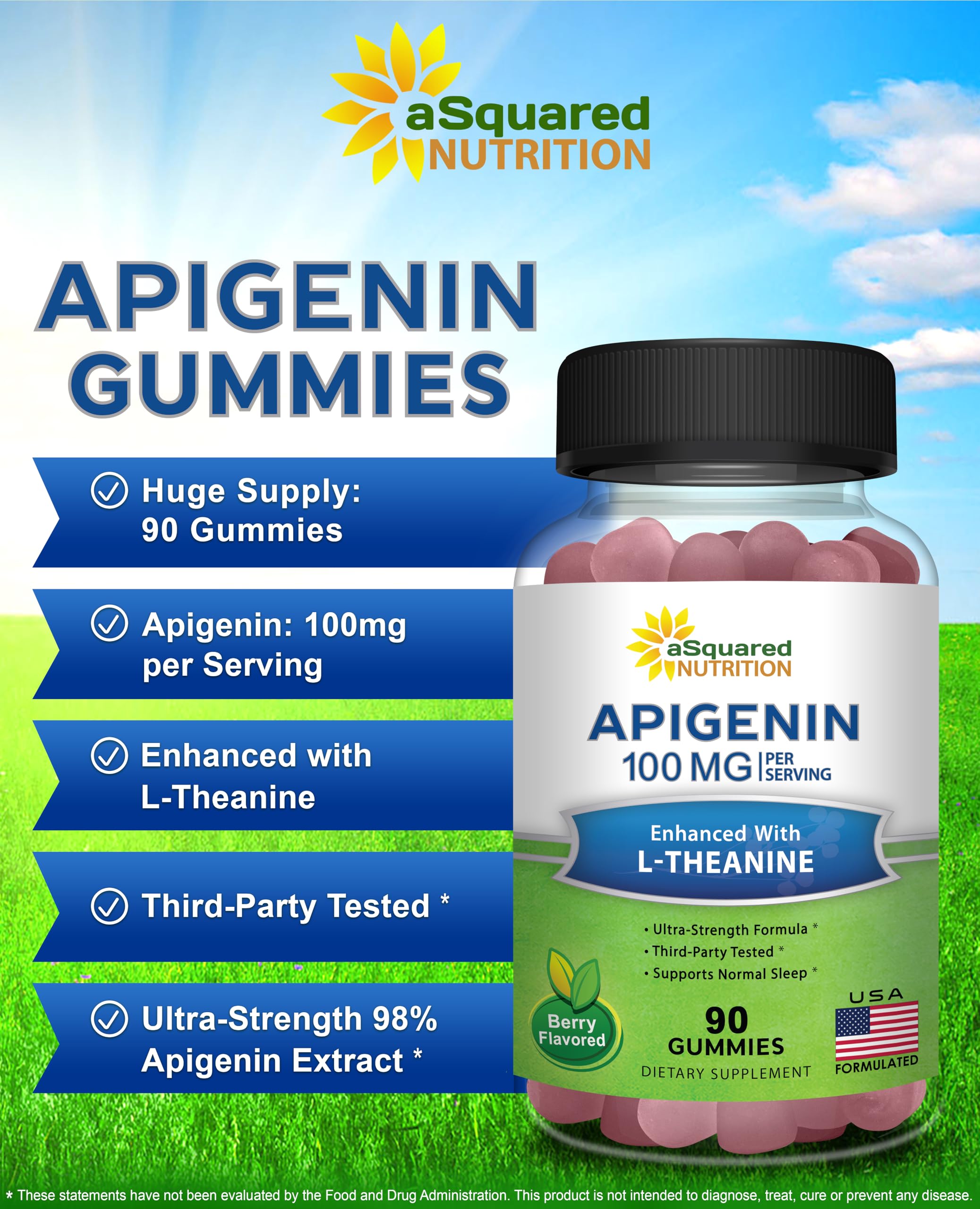aSquared Nutrition Apigenin 100mg with L-Theanine 100mg Gummies - Apigenin Supplement for Sleep - Natural Extract Gummy Alternative to Capsules, Pills, Powder & Tea - 2 Per Serving — Amazon image 7
