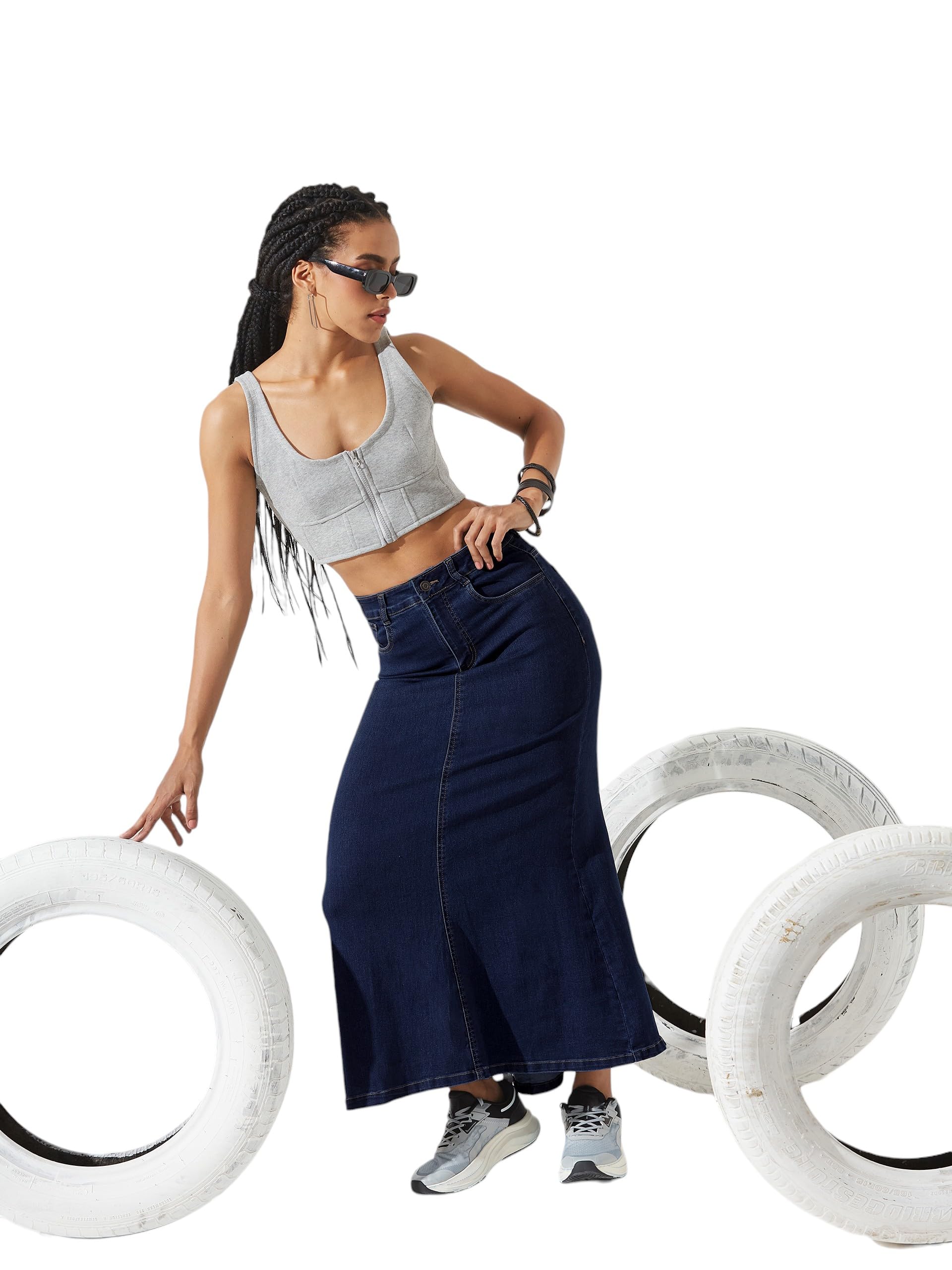 Women's Flared High-Rise Stretchable Denim Maxi Skirt-image-47