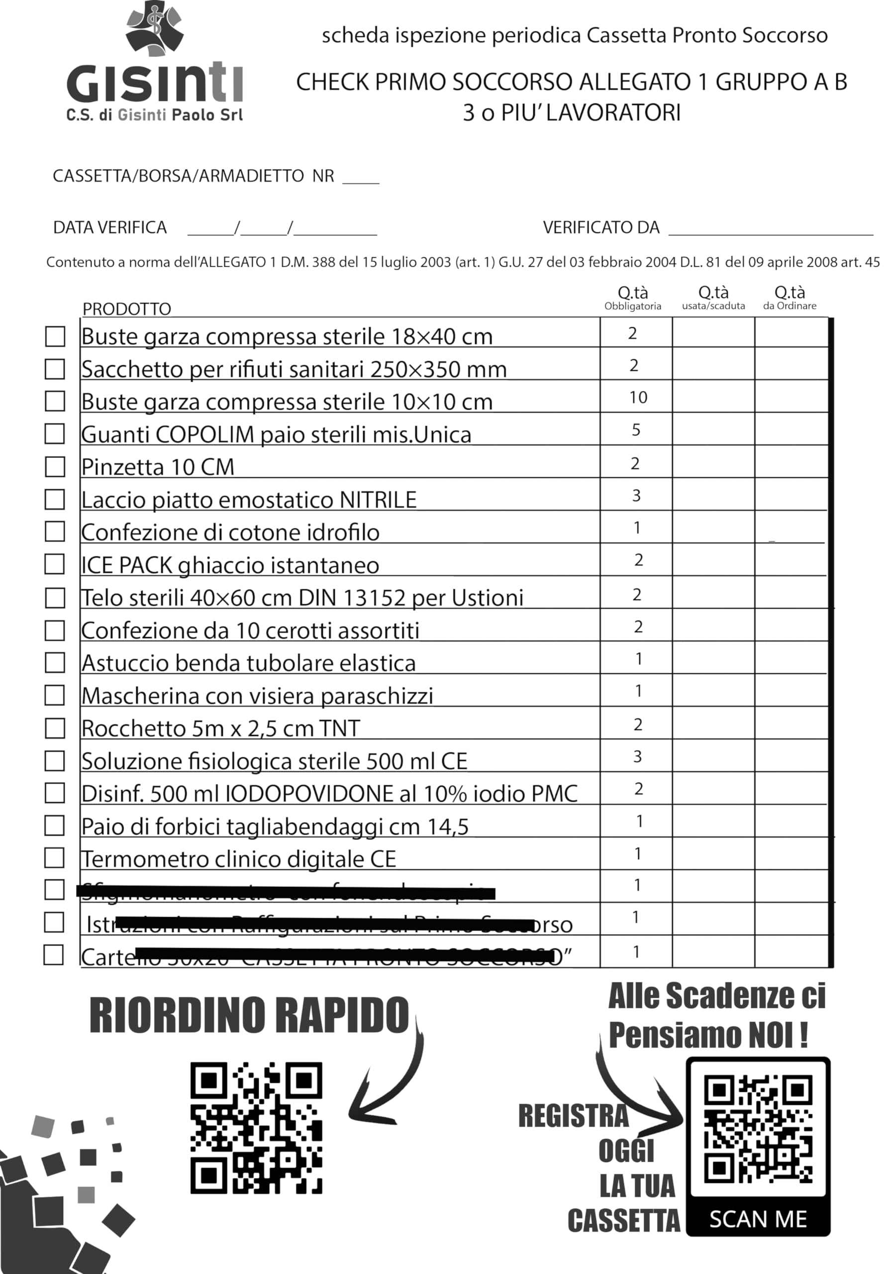 Gisinti Reintegro Cassette Pronto Soccorso All.1 Per Aziende 3 o più Dipendenti Pacco Reintegro All.1#DM388