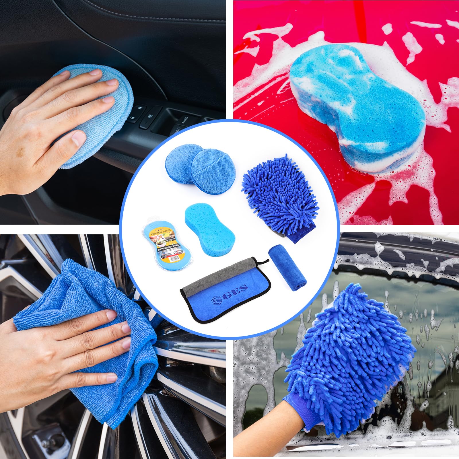 GES Kits de Nettoyage de Voiture, kit de Nettoyage de Voiture 30 pièces, kit de Lavage de Voiture pour Roues, intérieur, extérieur, Cuir, aérations et Nettoyage du Tableau de Bord (Bleu)