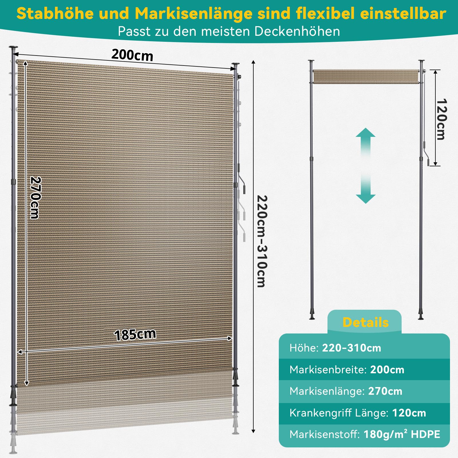 LIFERUN Tenda Verticale HDPE 200×310 cm Marrone, Tenda a Pinza Estensibile Senza Forare, Protezione Solare UV, Antivento, per Balcone Giardino Terrazza