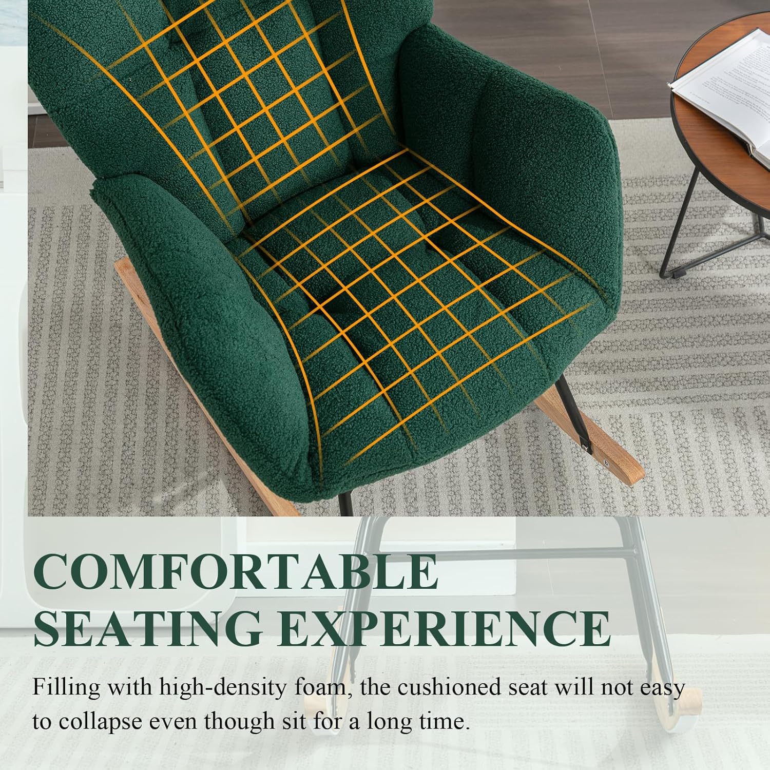 Nursery Rocking Chair, Teddy Upholstered Glider Rocker Chair with High Backrest, Leisure Glider Chair with Metal Legs, Accent Armchair, Reading Chair for Living Room (Dark Green)