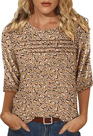 KISSMODA Women's Casual 3/4 Sleeve T-Shirts Round Neck Cute Tunic Tops Basic/Pleated Summer Tops Trendy Spring Blouses