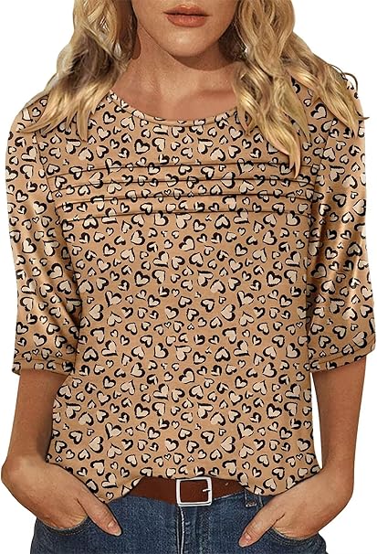 KISSMODA Women's Casual 3/4 Sleeve T-Shirts Round Neck Cute Tunic Tops Basic/Pleated Summer Tops Trendy Spring Blouses