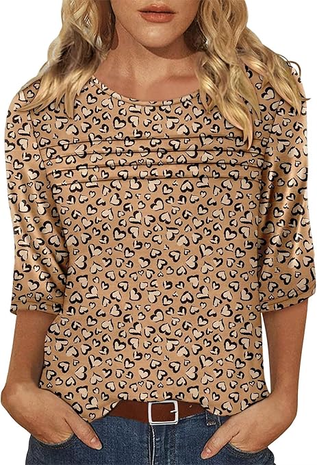 KISSMODA Women's Casual 3/4 Sleeve T-Shirts Round Neck Cute Tunic Tops Basic/Pleated Summer Tops Trendy Spring Blouses