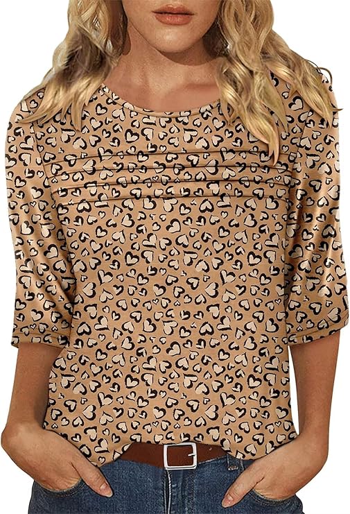 KISSMODA Women's Casual 3/4 Sleeve T-Shirts Round Neck Cute Tunic Tops Basic/Pleated Summer Tops Trendy Spring Blouses