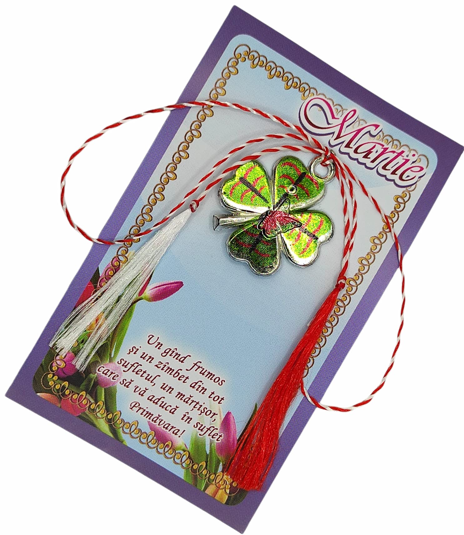 Martisor, Martenitsa, Martisoare. Baba Marta. Spring amulet. Martakia. Martis. Romania. Moldova. Bulgaria. Red and white thread. (Clover)