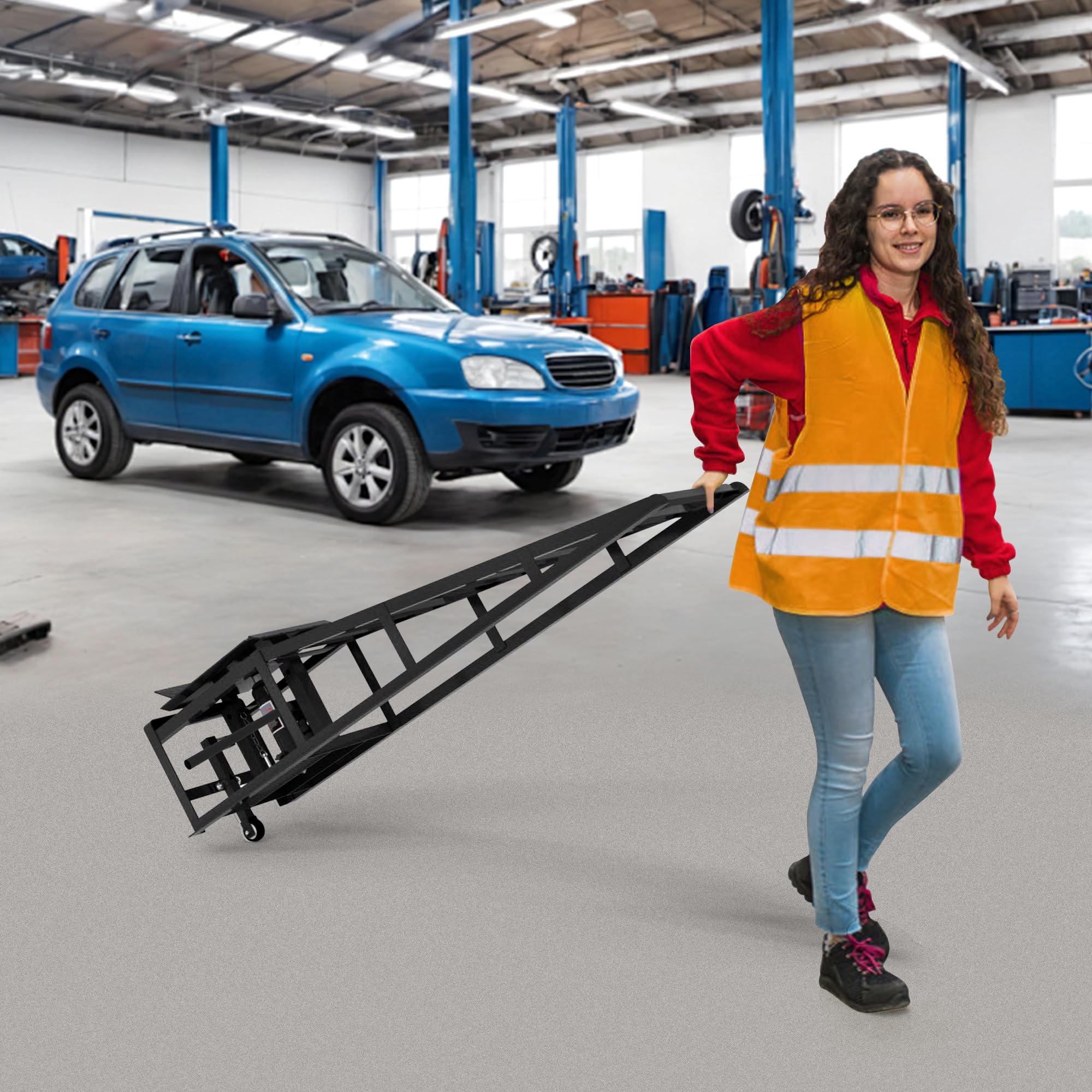 Juego de 2 rampas para coche con gato hidráulico y ruedas, capacidad de carga 5T (5000 kg), altura regulable 23 – 36 cm, plataforma elevadora para cambio de aceite y garaje, rampas de gato portátil