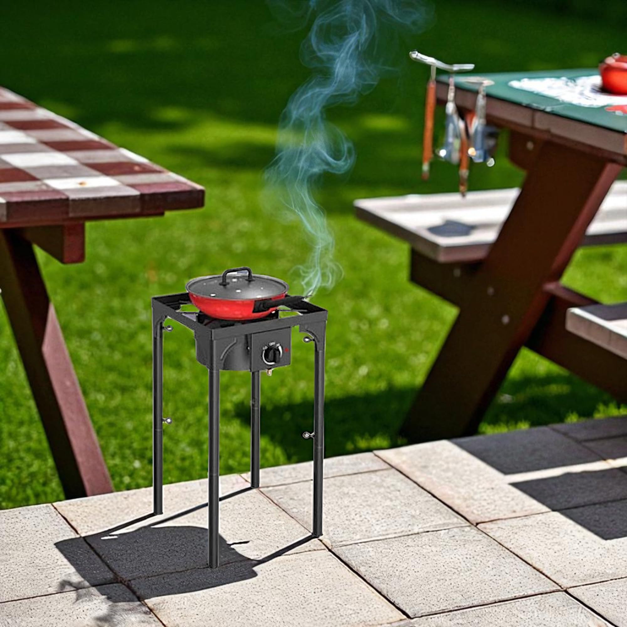 Fornello Fornellone a Gas GPL Bruciatore 40x40cm Accensione Piezoelettrica Gambe Regolabili in 3 Posizioni Fornello da Campeggio, Terrazzo, Esterno