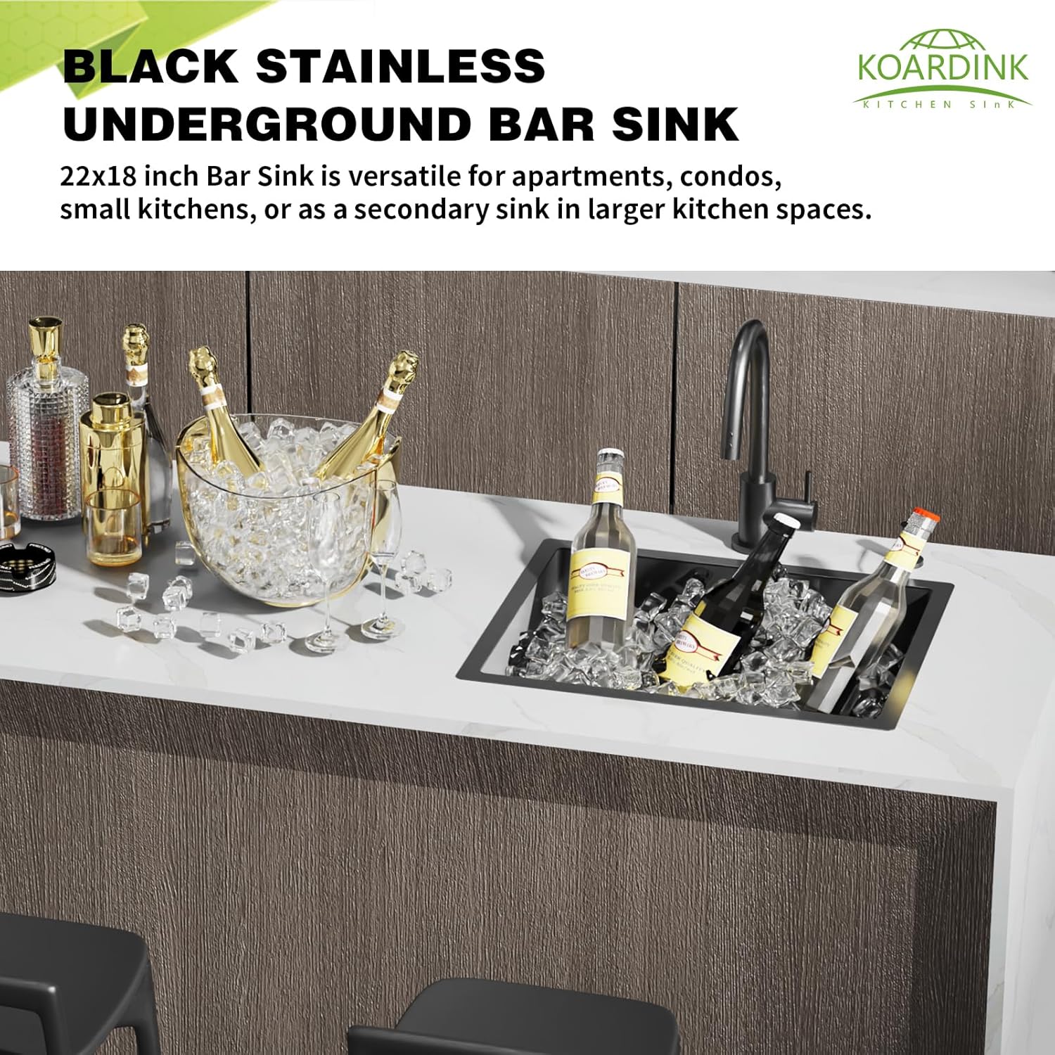 Black Kitchen Bar Sink Combo - 22x18 Inch Stainless Steel Undermount Single Bowl Modern Sink with SS Grid, Silicon Mat, Drain Strainer Set