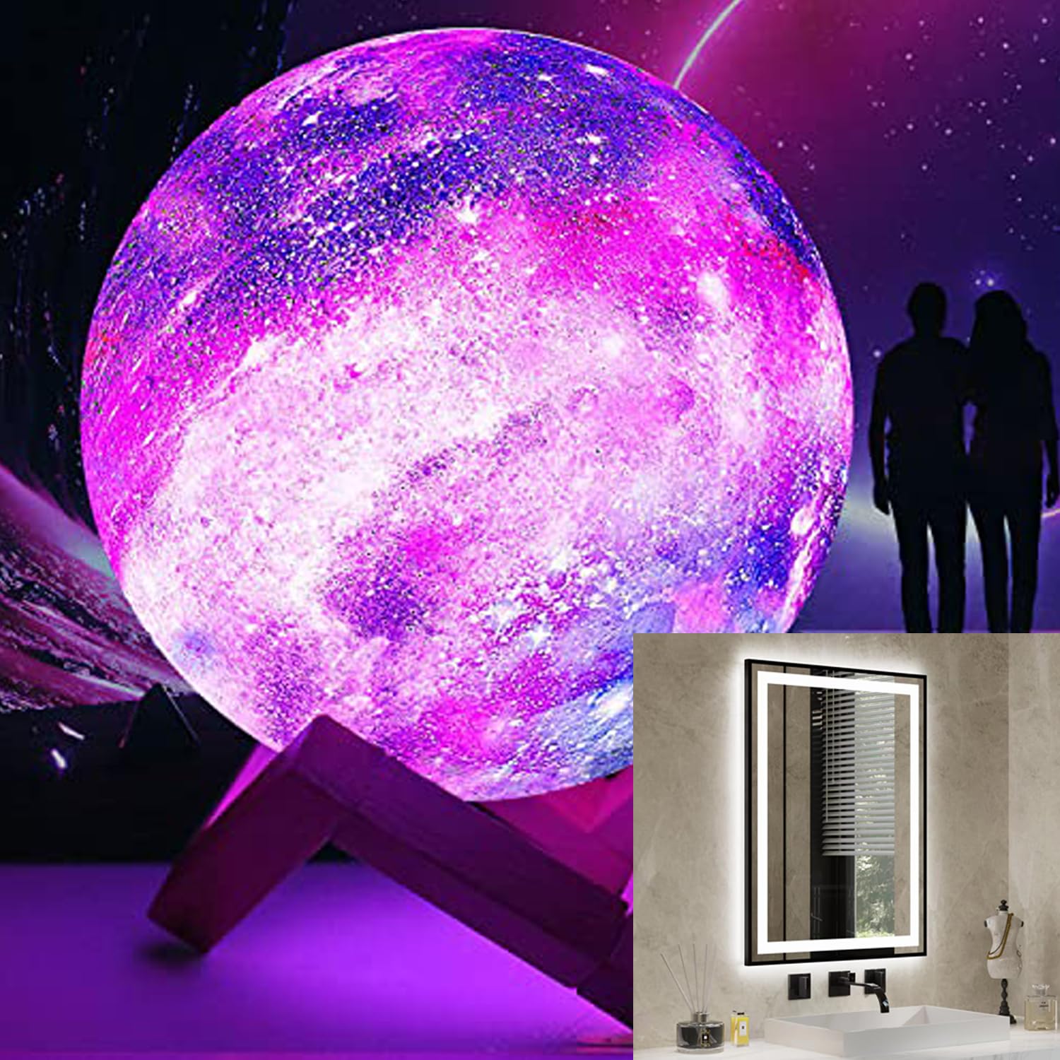 LED Mirror Gradient Front and Backlit Eguled Moon Lamp inches LED Bathroom Mirror, Dimmable CRI>90, IP54 Enhanced Anti-Fog Bathroom Mirror with Lights