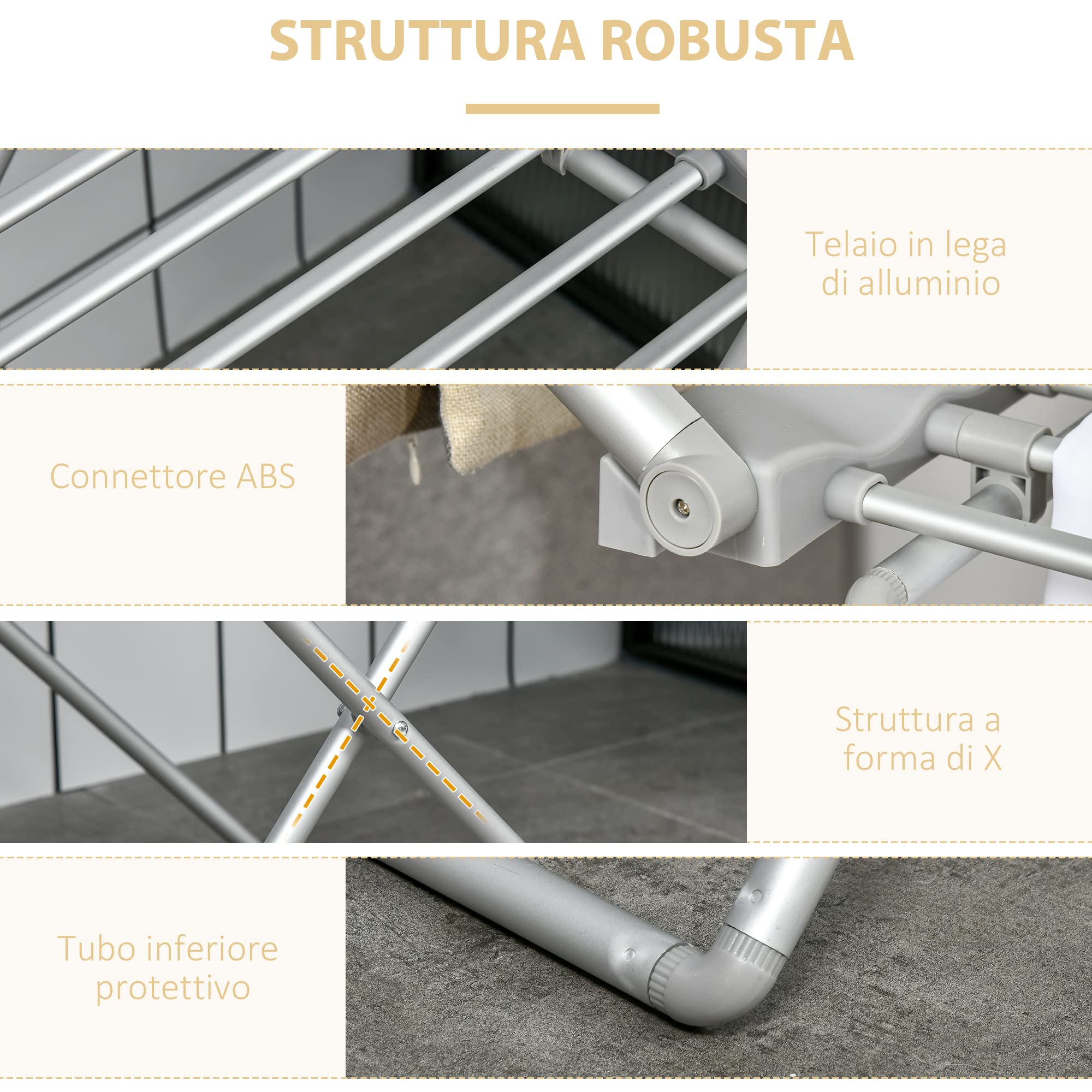HOMCOM Stendino Elettrico Riscaldato con Ali, Stendibiancheria Pieghevole Salvaspazio in Lega di Alluminio, 144x53x91cm, Argento