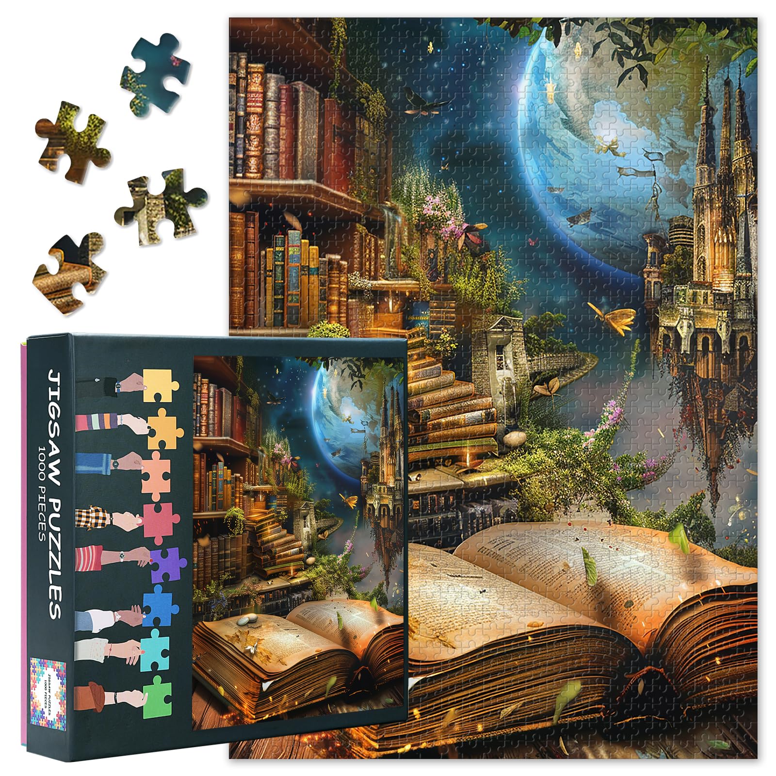 Vintage Books Challenging 1000 Piece Jigsaw Puzzles for Adults - 27.5x19.7 Inch Difficult Puzzle Bookshelf Art, Family Educational Games & Home Decor Gift (Fantasy Castle)