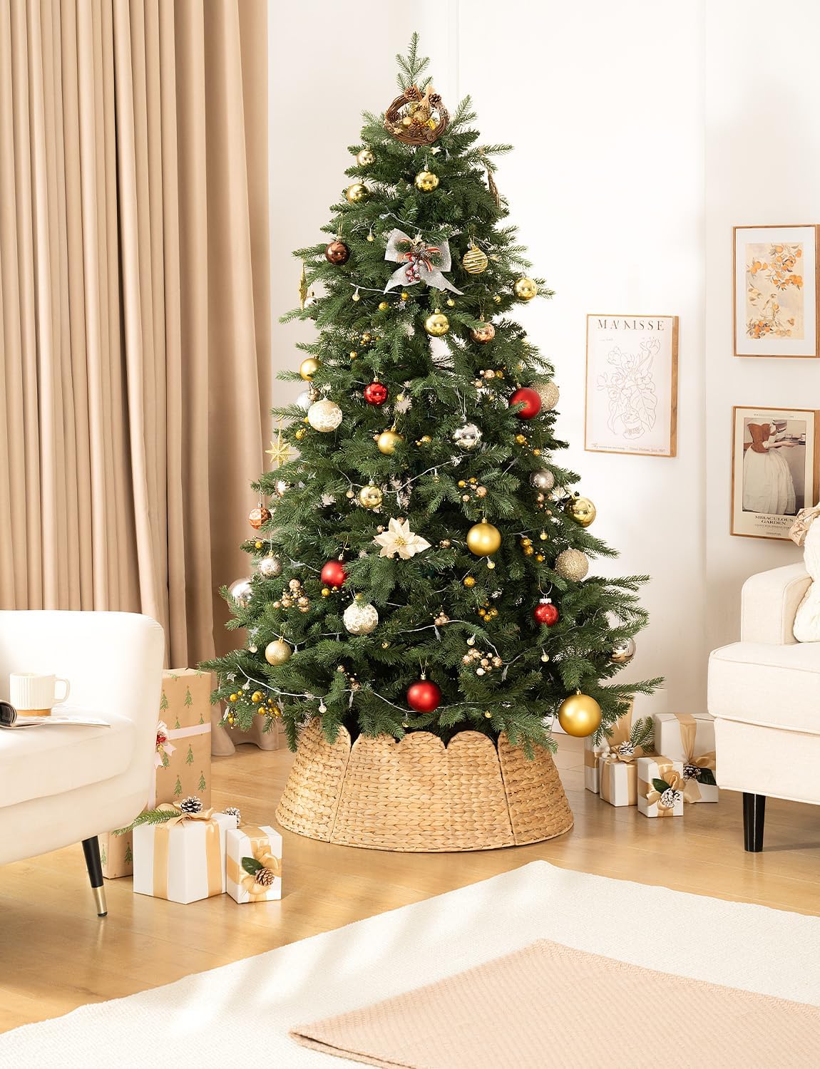 StorageWorks 28" Scalloped Christmas Tree Collar, Wicker Christmas Tree Base Skirt with Water Hyacinth, Rustic Tree Ring Stand Cover for Christmas Home Party Farmhouse Artificial Trees Decor