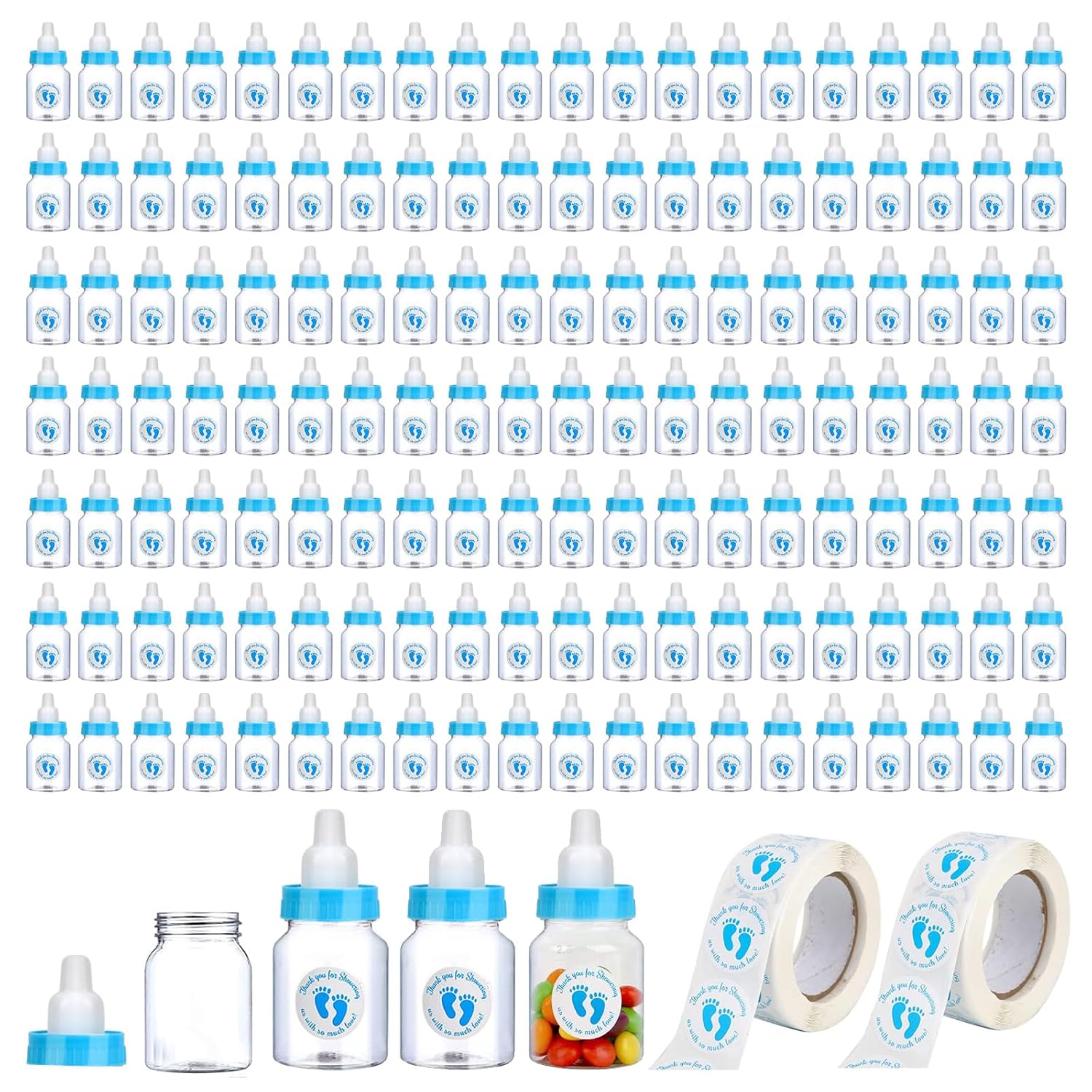144 Blue Mini Baby Bottles for Baby Shower Favors - Plastic, Vented, Standard Bottle, 5.5 oz, Set of 144 with 500 Stickers - Baby Boy Shower Party Games Decorations