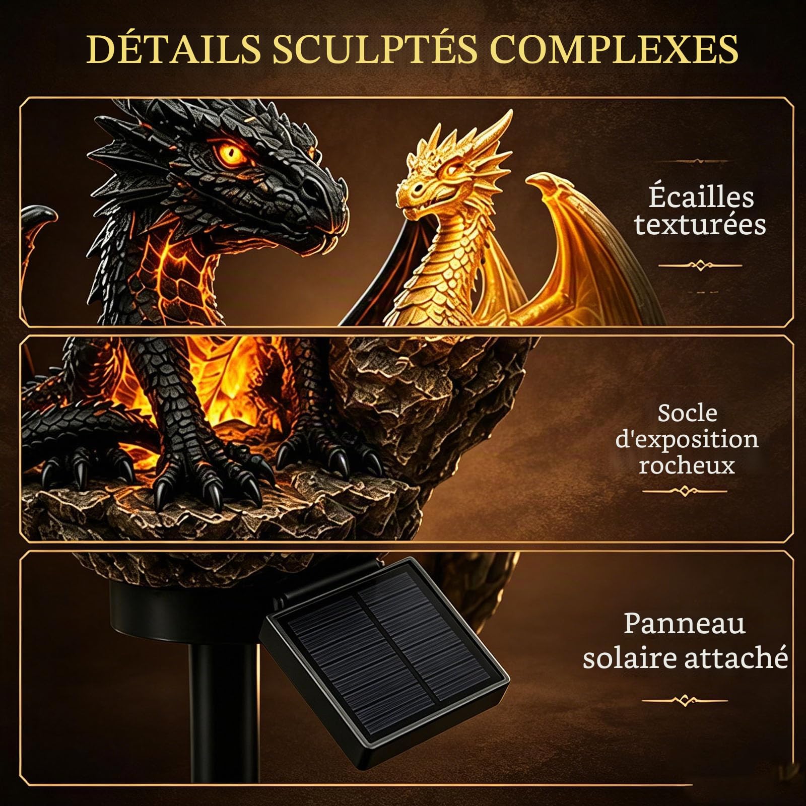 Dragon Legacy Golden Ember Edition Lampe solaire de jardin en forme de dragon, lampe solaire en forme de braise dorée, lampe figurine de statue jardin de dragons,gothique médiévale fantastique (1pc)