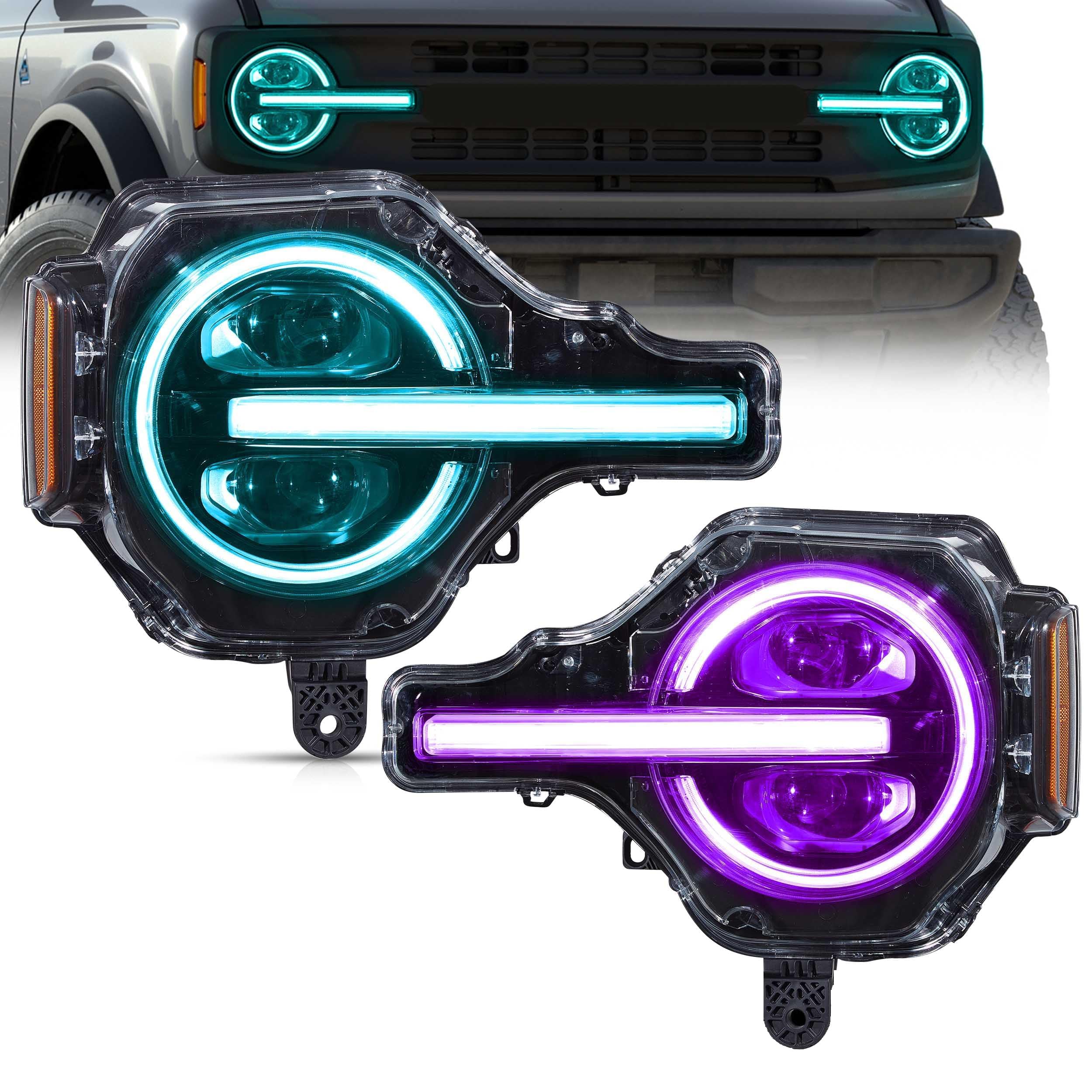 VLAND Multicolor Headlights Fit for 2021-2024 Ford Bronco 6th Gen U725(Not Fit Raptor/Sport), LED Front Lights with Turn Signal, Projector Headlights