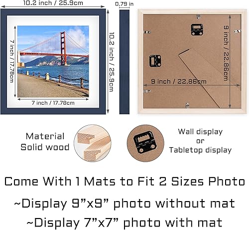 Vista 142 de Marco de fotos de madera de 9 x 9 pulgadas para colgar en la pared o en la mesa, marcos de fotos cuadrados con 1 paspartú de 7 x 7 pulgadas