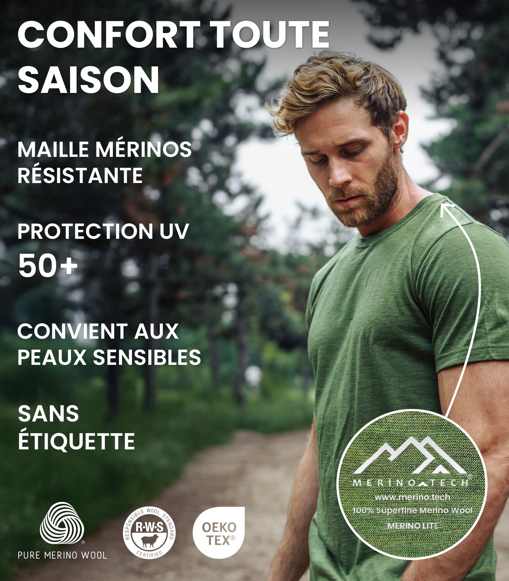 Merino.tech Tee Shirt Homme - T Shirt Sport Homme Merinos en sous Vetement Merinos à Manches Courtes