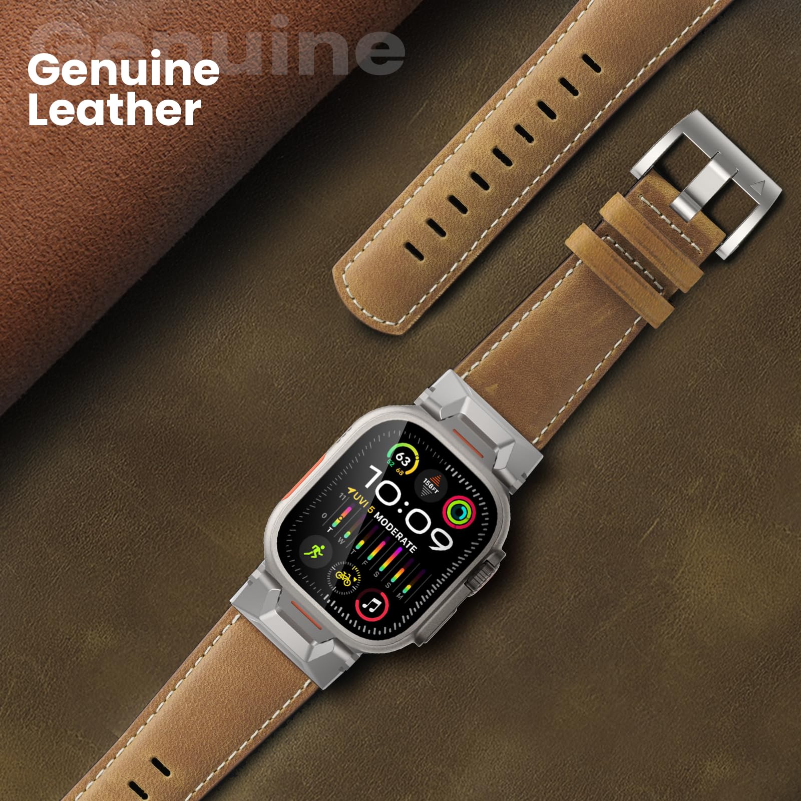 Bouixel Genuine Leather Strap Compatible for Apple Watch Ultra 3 Straps 49mm 46mm 45mm 44mm 42mm,Men Rugged Band with Metal Connector for iWatch Ultra Series 11 10 9 8 7 6 5 4 3 2 1 SE - Image 4