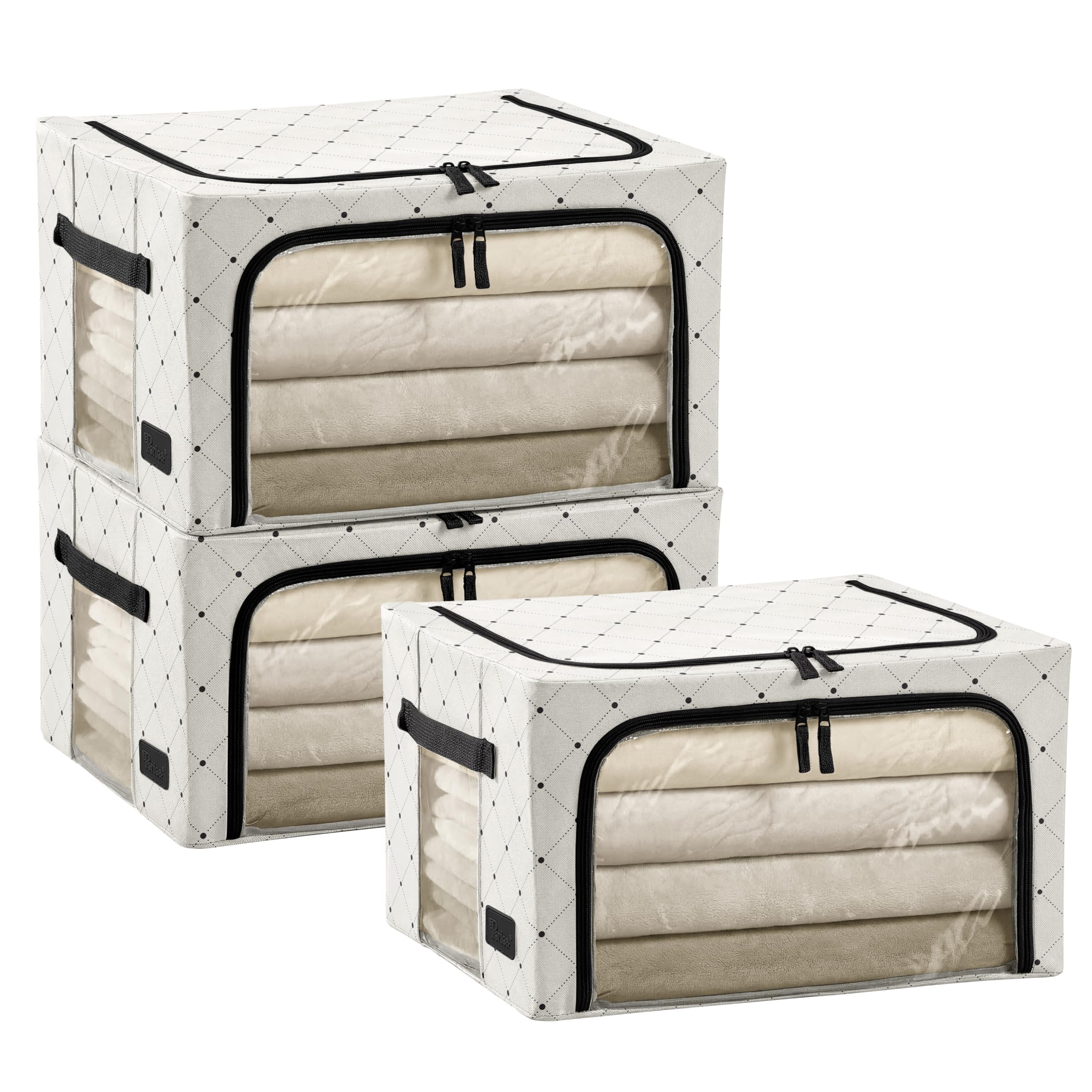 Periea Beau 3 Pack Storage Boxes 33L (40x33x25cm) – Collapsible Stackable Fabric Organisers Storage Bags with Steel Frame, Front Window & Top/Front Zip Access – (Black Dot)