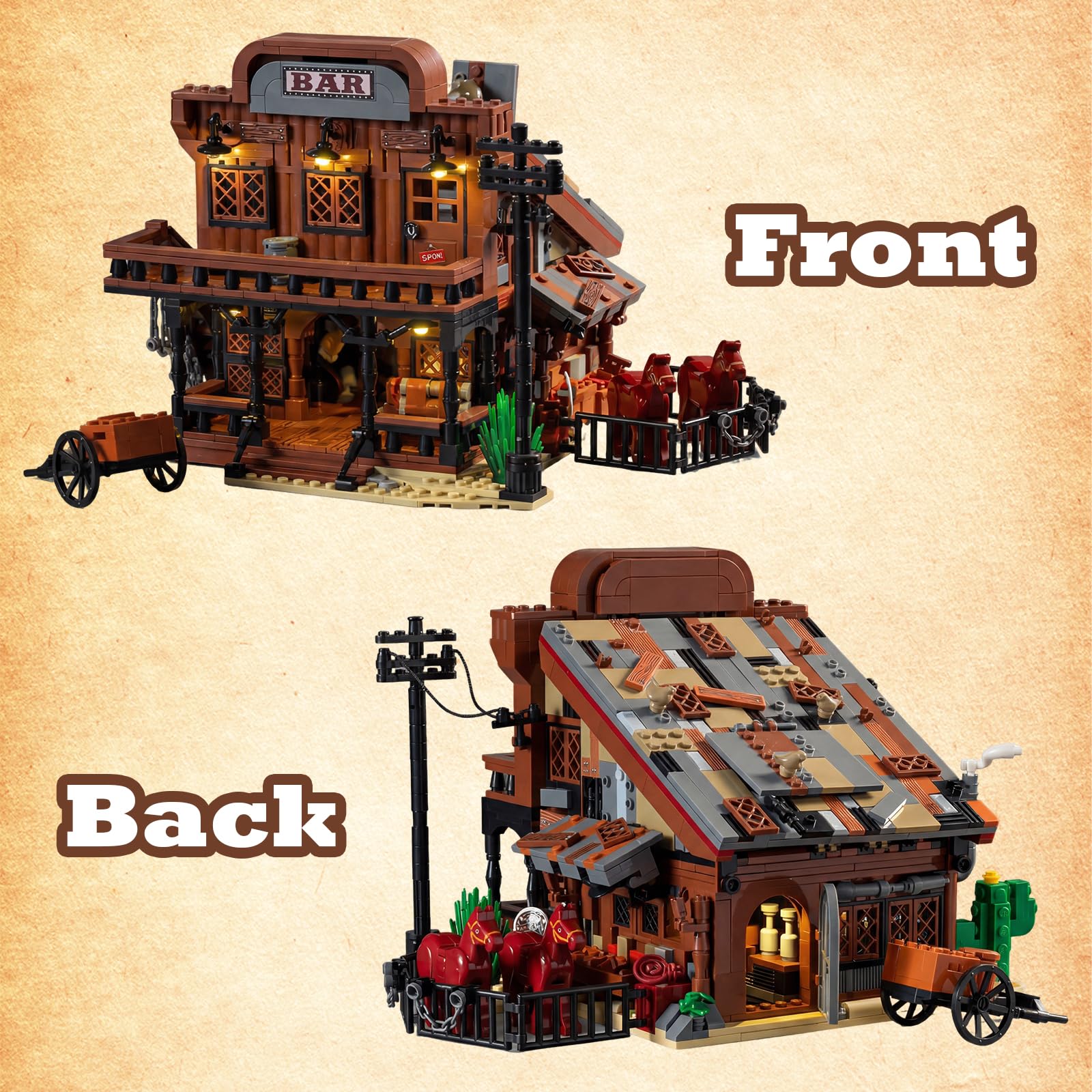 Western Cowboy Bar Modular Building Set, 1884 Teile Westernstadt Architektur mit Ställe und Pferde, Old West Klemmbausteine Haus, Sammlermodell für Erwachsene & Geschenk