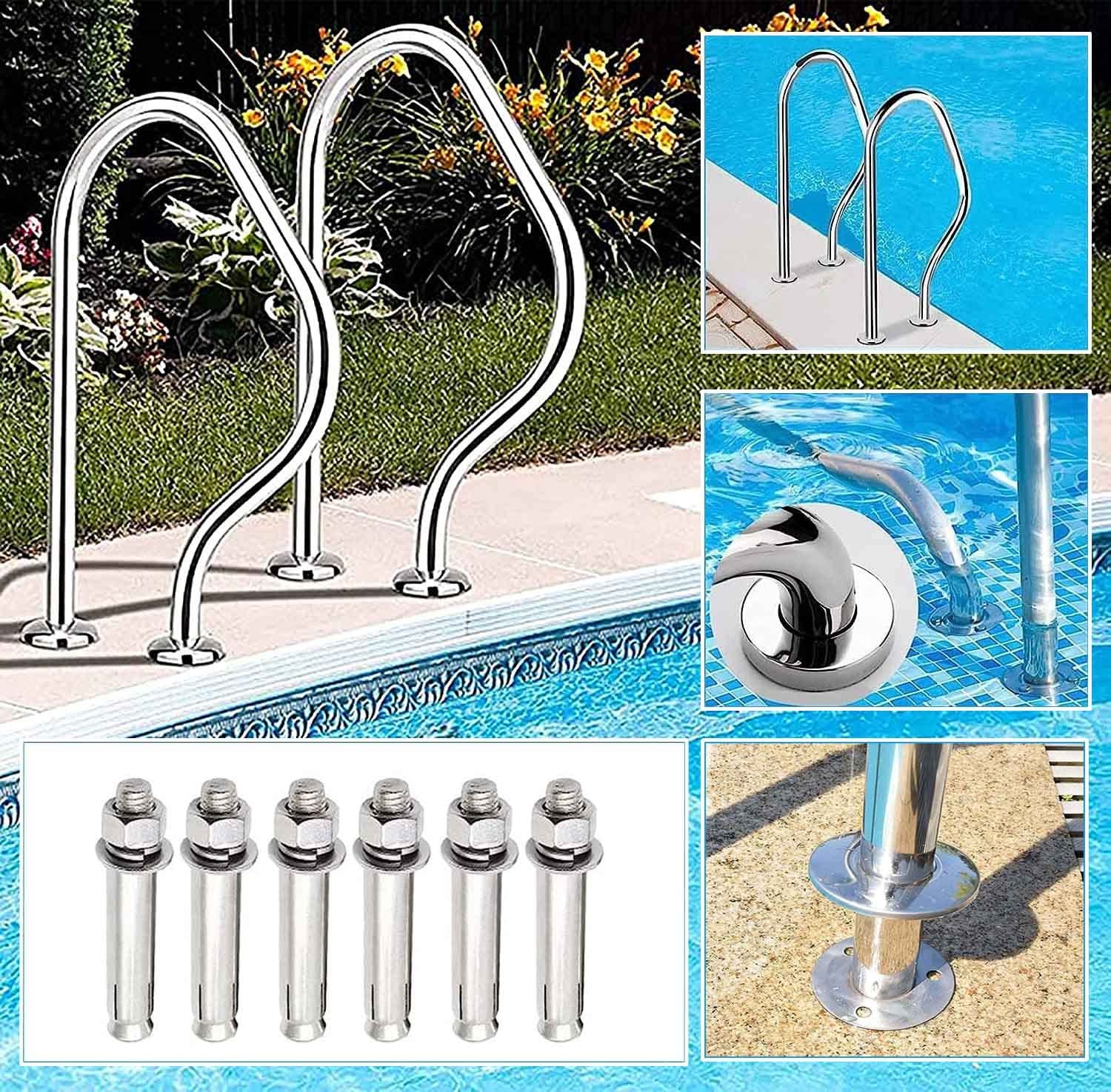 Rampe de Piscine en Acier Inoxydable 304 avec Base de Montage Rapide - Mains Courantes pour Parcs Aquatiques - Accessoires Inclus