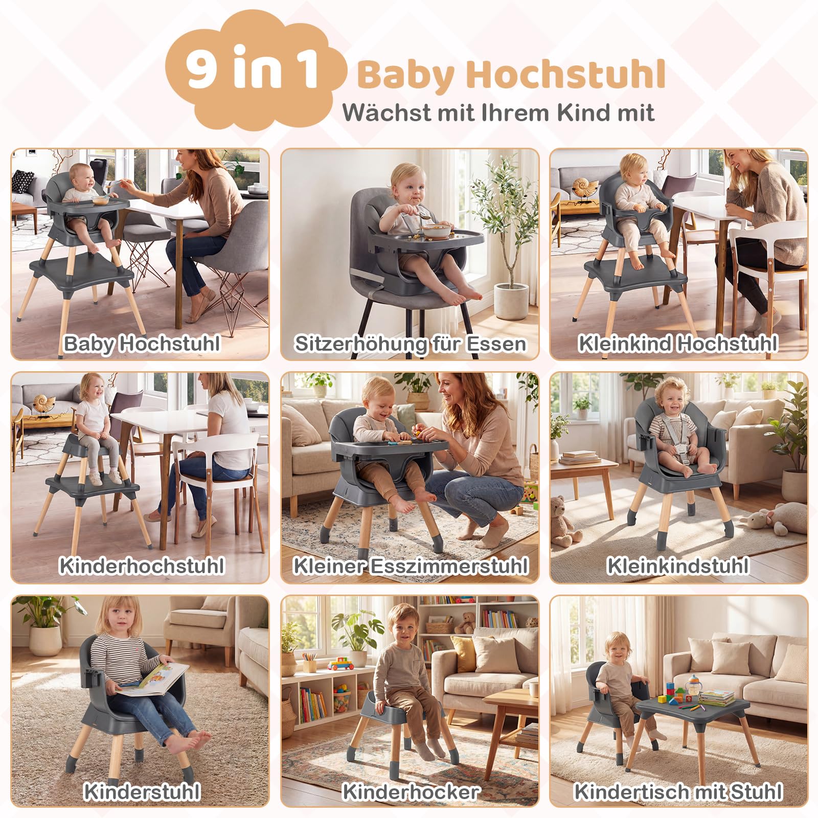 COSTWAY 9 in 1 Hochstuhl Baby, Kinderhochstuhl mit Sitzerhöhung, abnehmbarem Tablett, Sicherheitsgurt & Sitzkissen, Kombihochstuhl umwandelbar, Essenstuhl für Kinder von 6-36 Monaten (Dunkelgrau)
