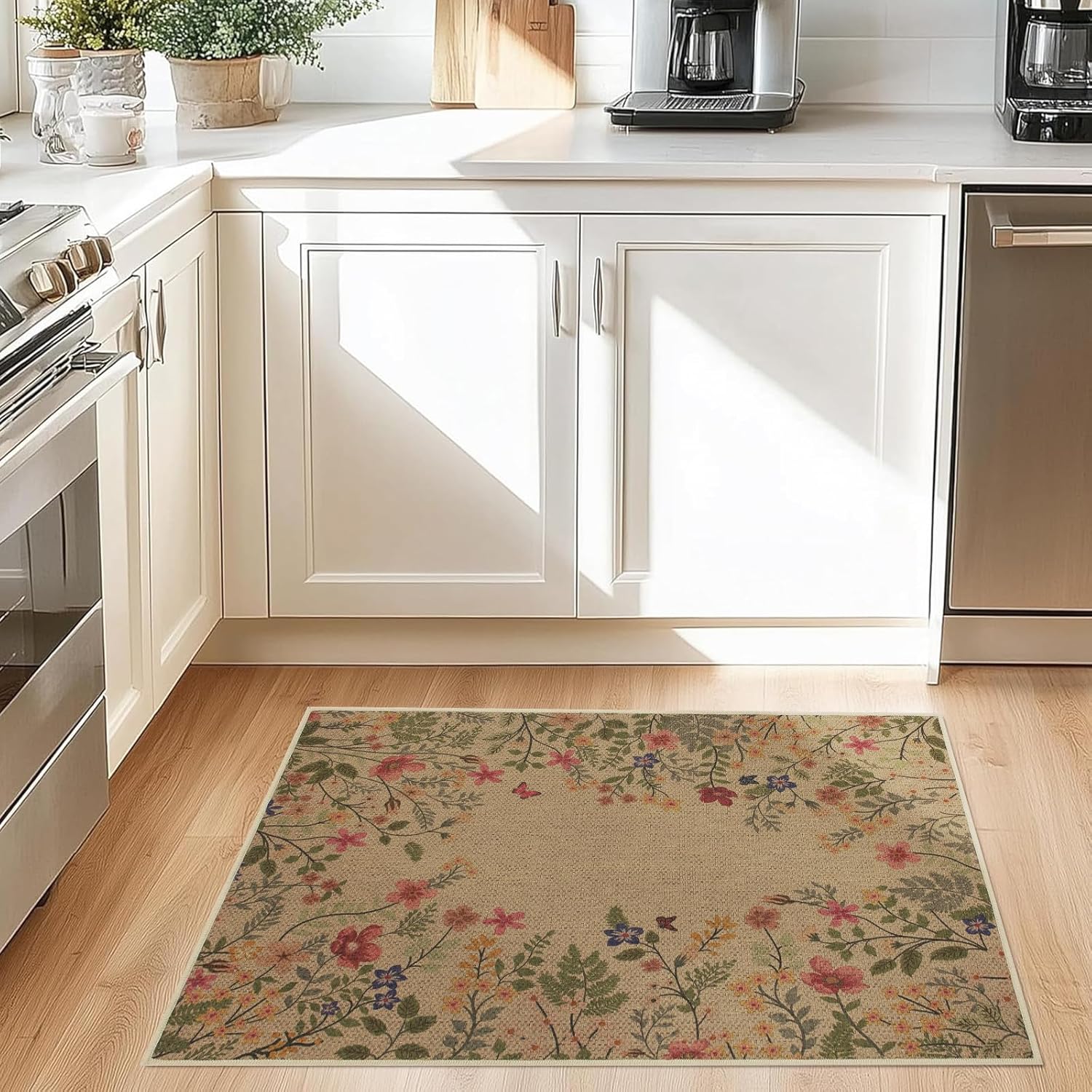 Easy Jute Floral Entryway Rug, 2x3 Front Door Mat Washable Non Slip Small Kitchen Rug, Farmhouse Botanical Flower Indoor Outdoor Throw Rugs for Entrance Bedroom Bathroom Porch, Beige
