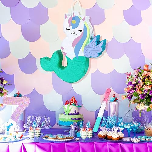 Miniatura 5 de Juego de piñata de sirena de unicornio pequeña con piñata de sirena de unicornio con palo de bateo azul y confeti para niñas, decoración de fiesta