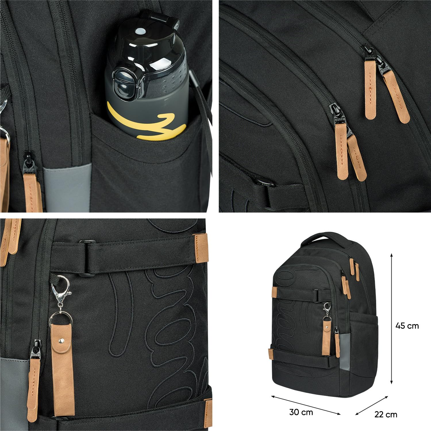 Baagl Schulrucksack für Jungen Mädchen Teenager - Skate Max - Skateboard Rucksack - Kinderrucksack mit Laptopfach und Brustgurt für Schule, Weiterführendeschule, Mittelschule, 30 l (Darkness)
