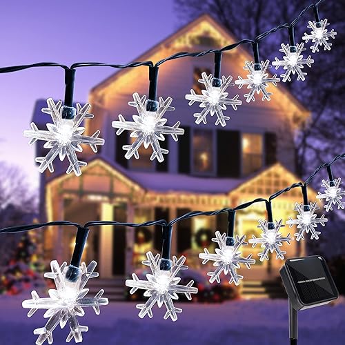 Twinkle Star Guirnalda de luces solares con forma de copo de nieve, 100 luces LED de 33 pies para exteriores, 8 modos de iluminación y resistente al