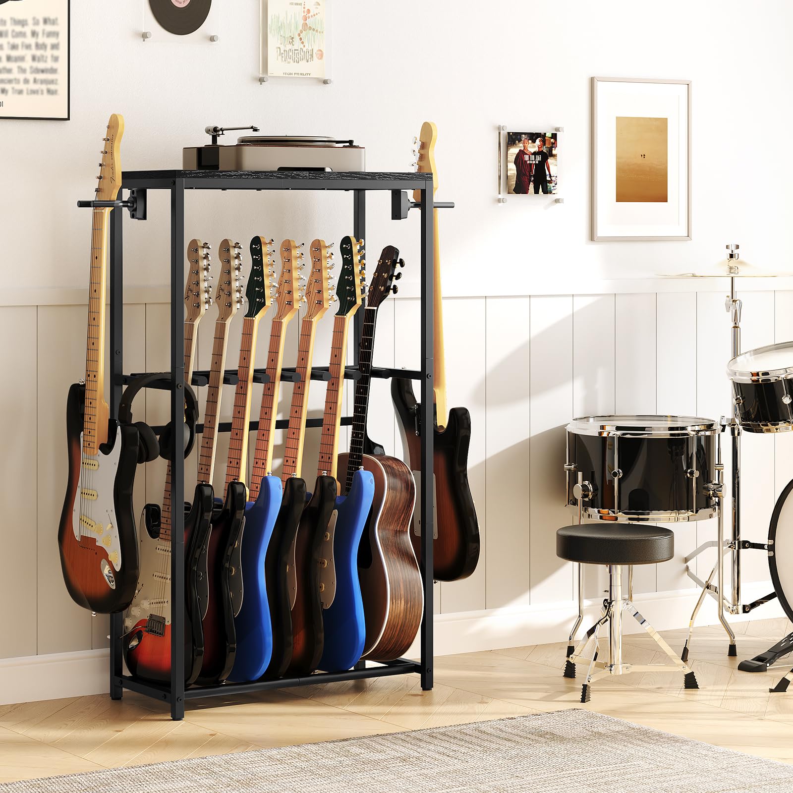 MAHANCRIS Soporte de Guitarra, Estantería para 7 Guitarras de Dos Niveles, para Guitarra Acústica, Guitarra Eléctrica, Bajo, Ukelele, Banjo, Revestimiento Protector de EVA, Negro AGSHB6701