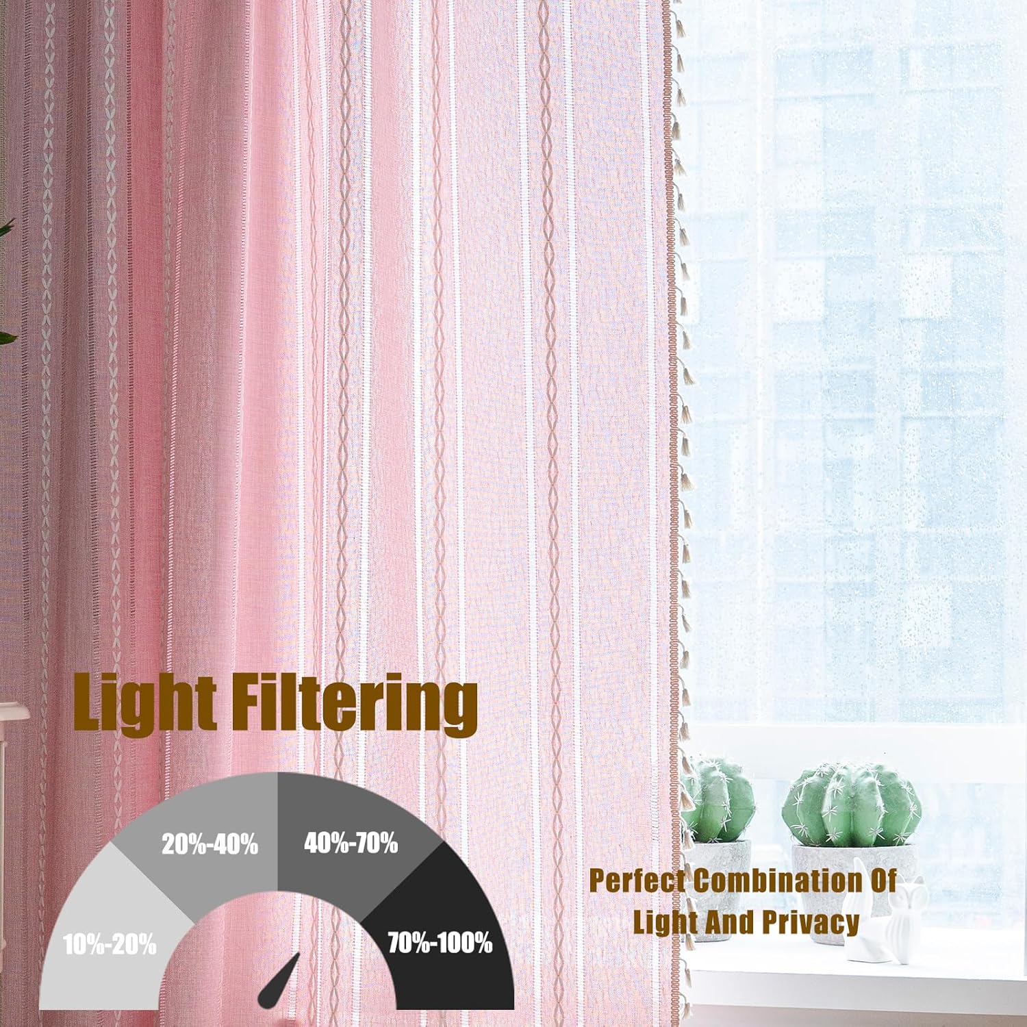 Sutuo Home French Door Curtains for Front Door Small Window,Boho Vintage Light Filtering Tassels Chic Farmhouse Privacy Drapes for Glass & Sidelights Decor, Rod Pocket 1 Panel 50" W x 40" L, Pink