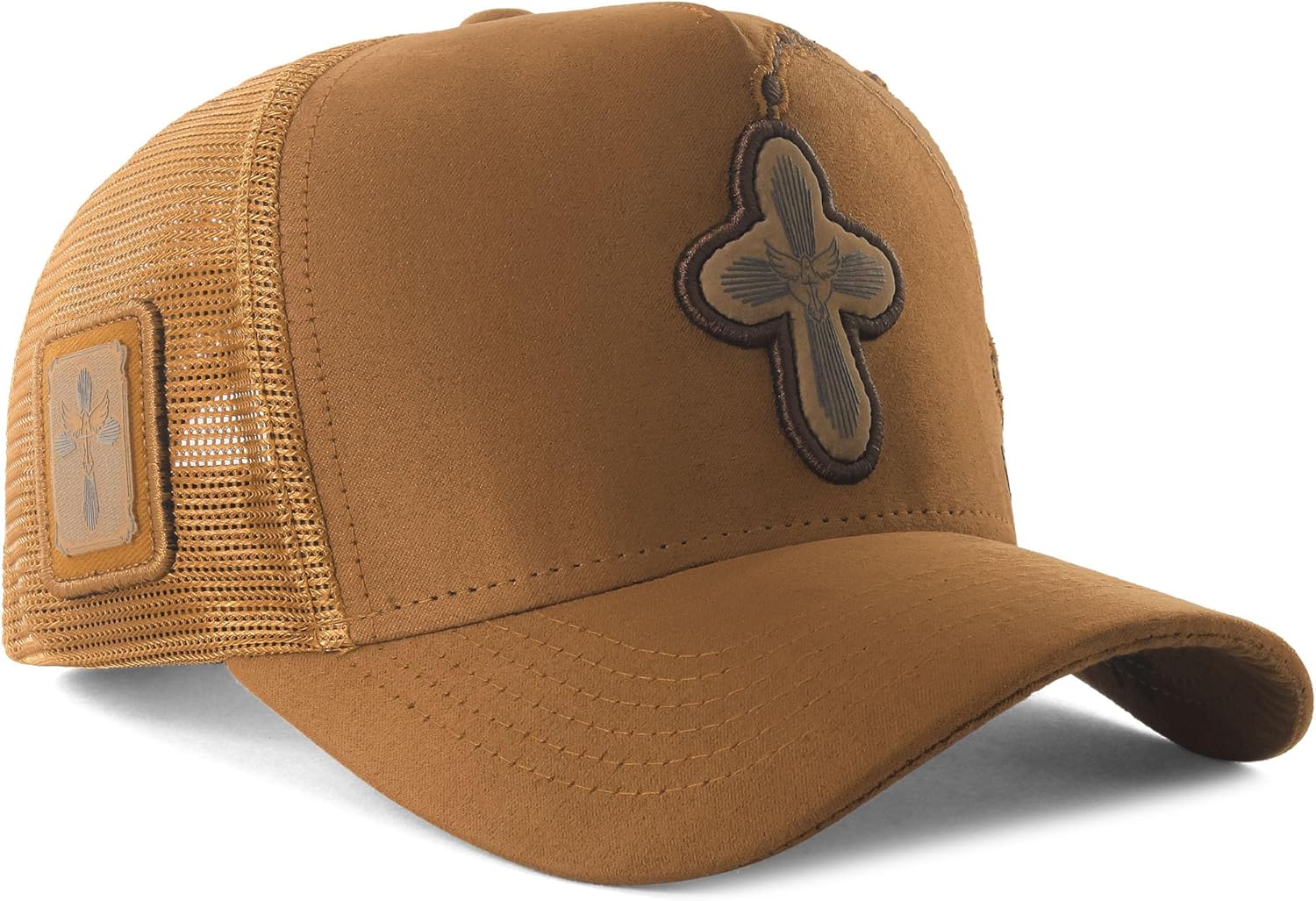 Sacudido's | Trucker Cap Cross Rosary | Snapback Hats, Adjustable, Unisex, Faith (US, Alpha, One Size, Ocre)